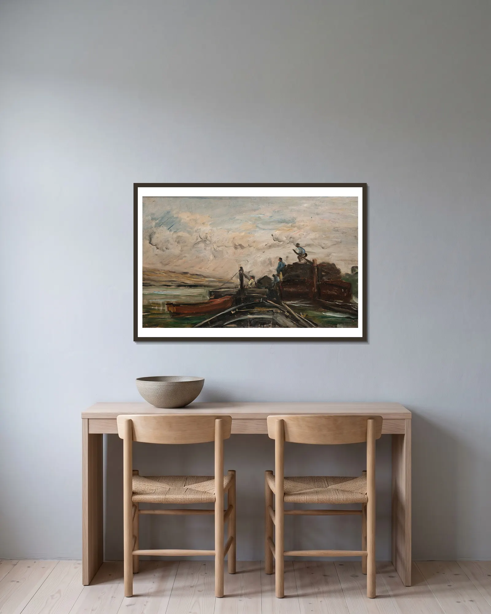 Barges on a River av Charles François Daubigny inramad på en vägg
