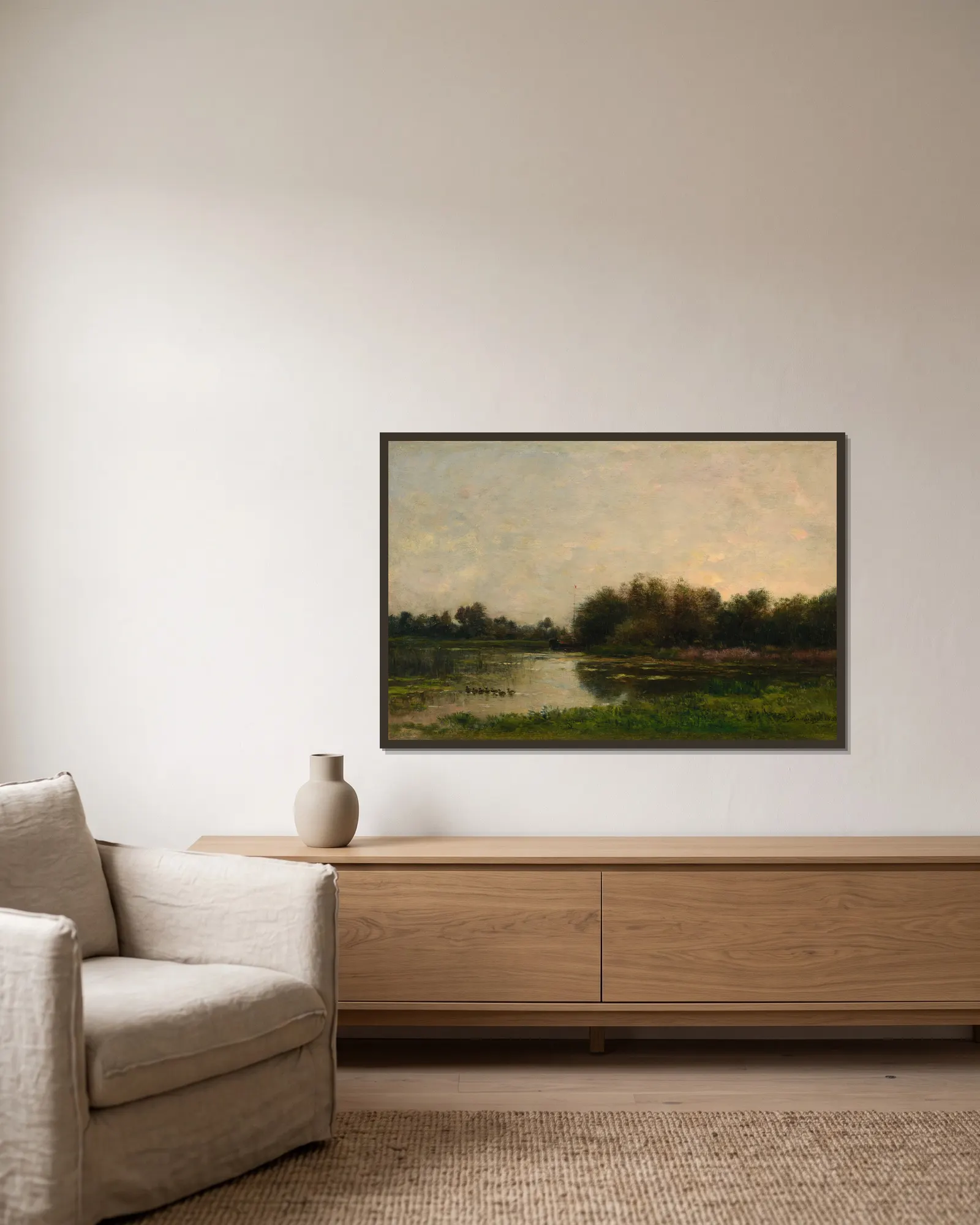 Bords de l’Oise, 1860 – nr 1 av Charles François Daubigny inramad på en vägg