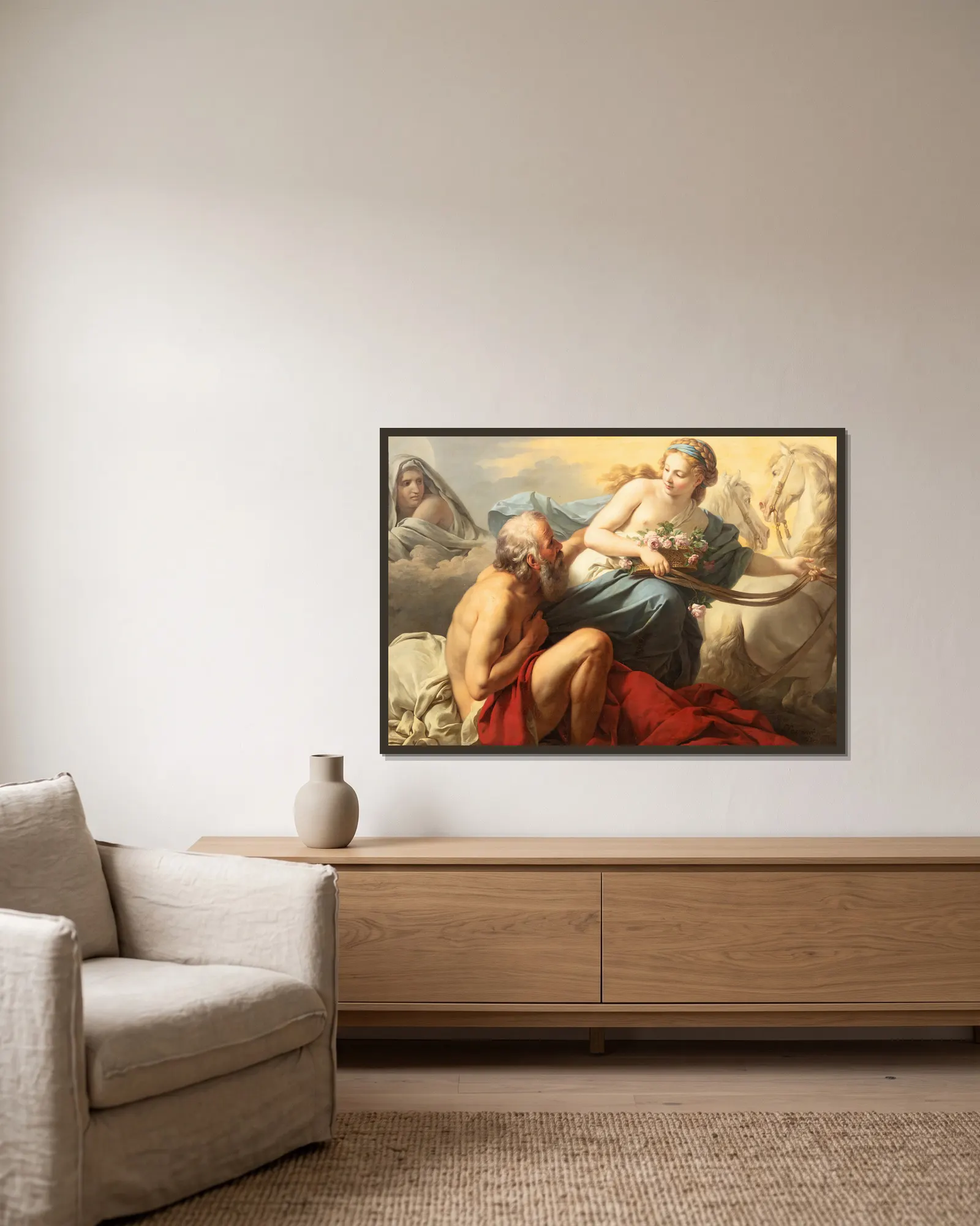 Aurora and Tithonus av Louis-Jean-François Lagrenée inramad på en vägg