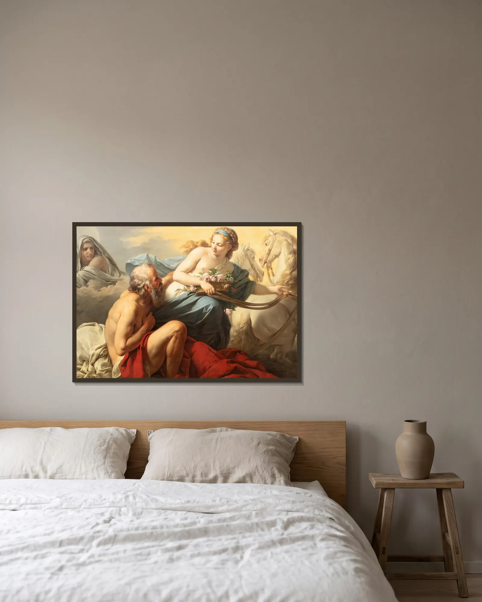 Aurora and Tithonus av Louis-Jean-François Lagrenée inramad på en vägg
