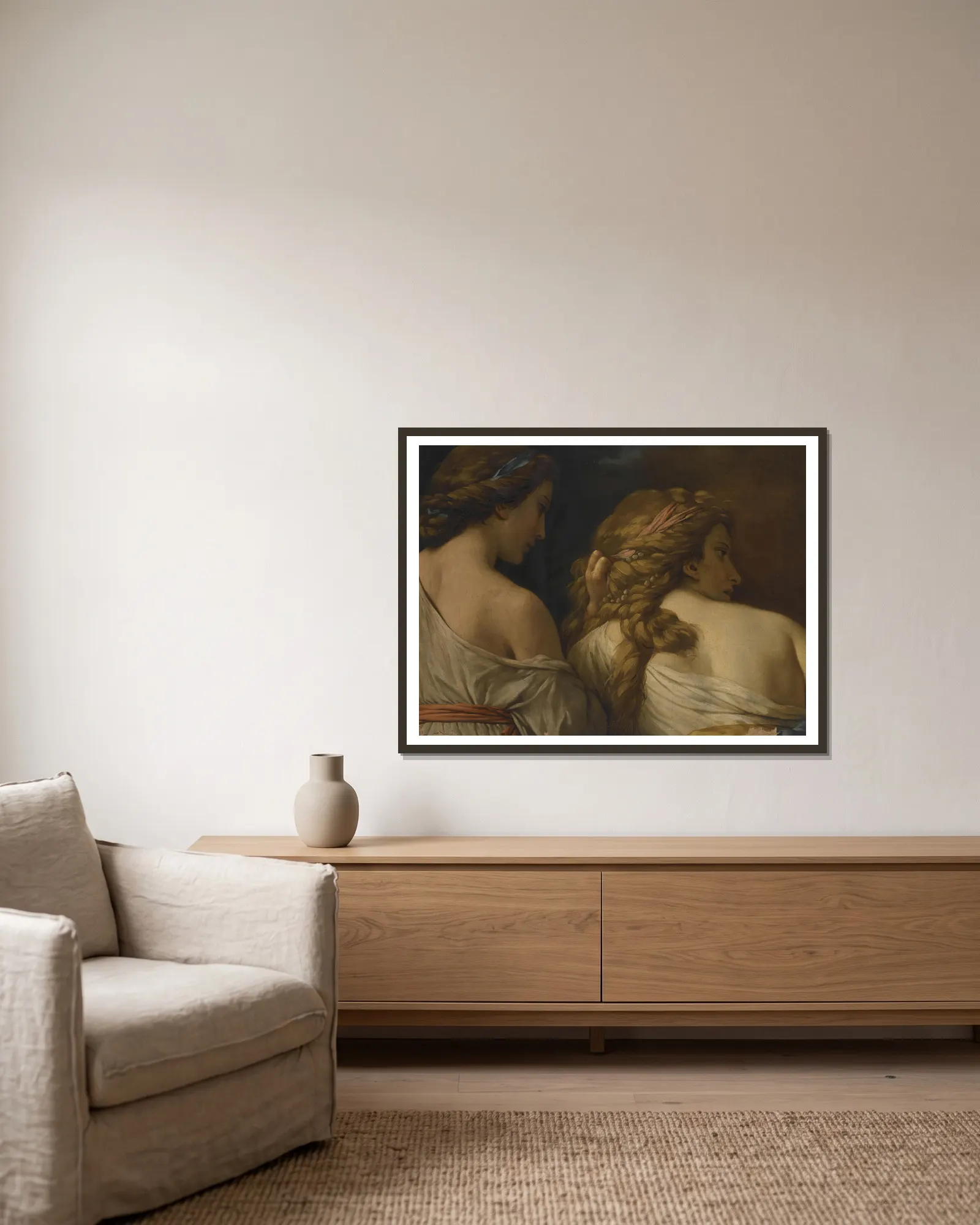 Two Nymphs av Louis-Jean-François Lagrenée inramad på en vägg