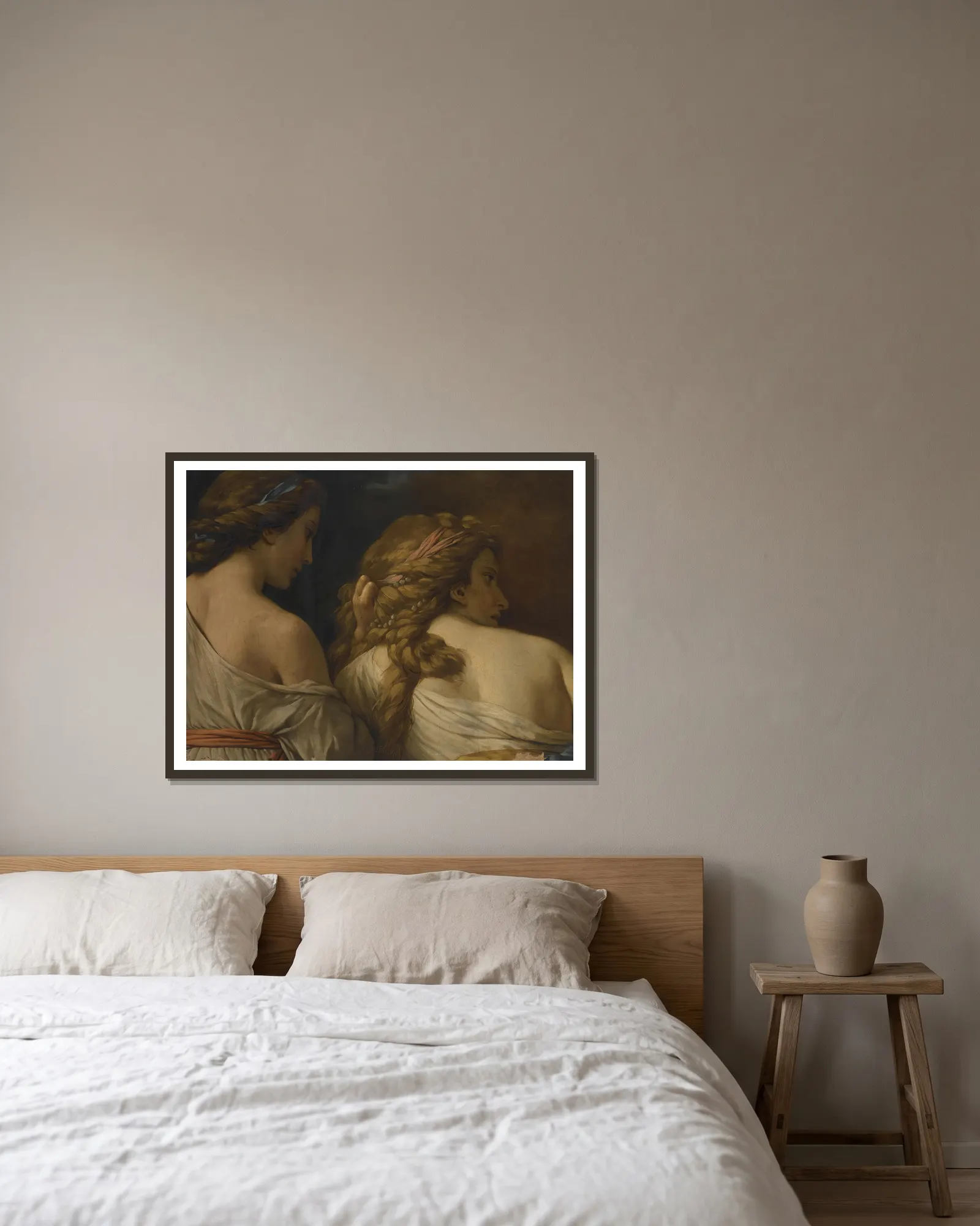 Two Nymphs av Louis-Jean-François Lagrenée inramad på en vägg
