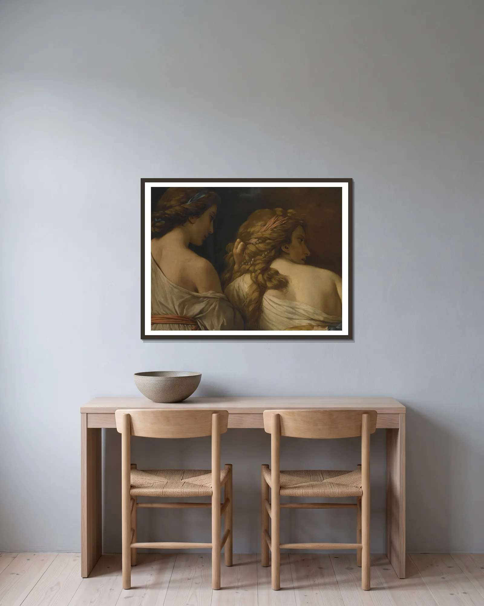 Two Nymphs av Louis-Jean-François Lagrenée inramad på en vägg