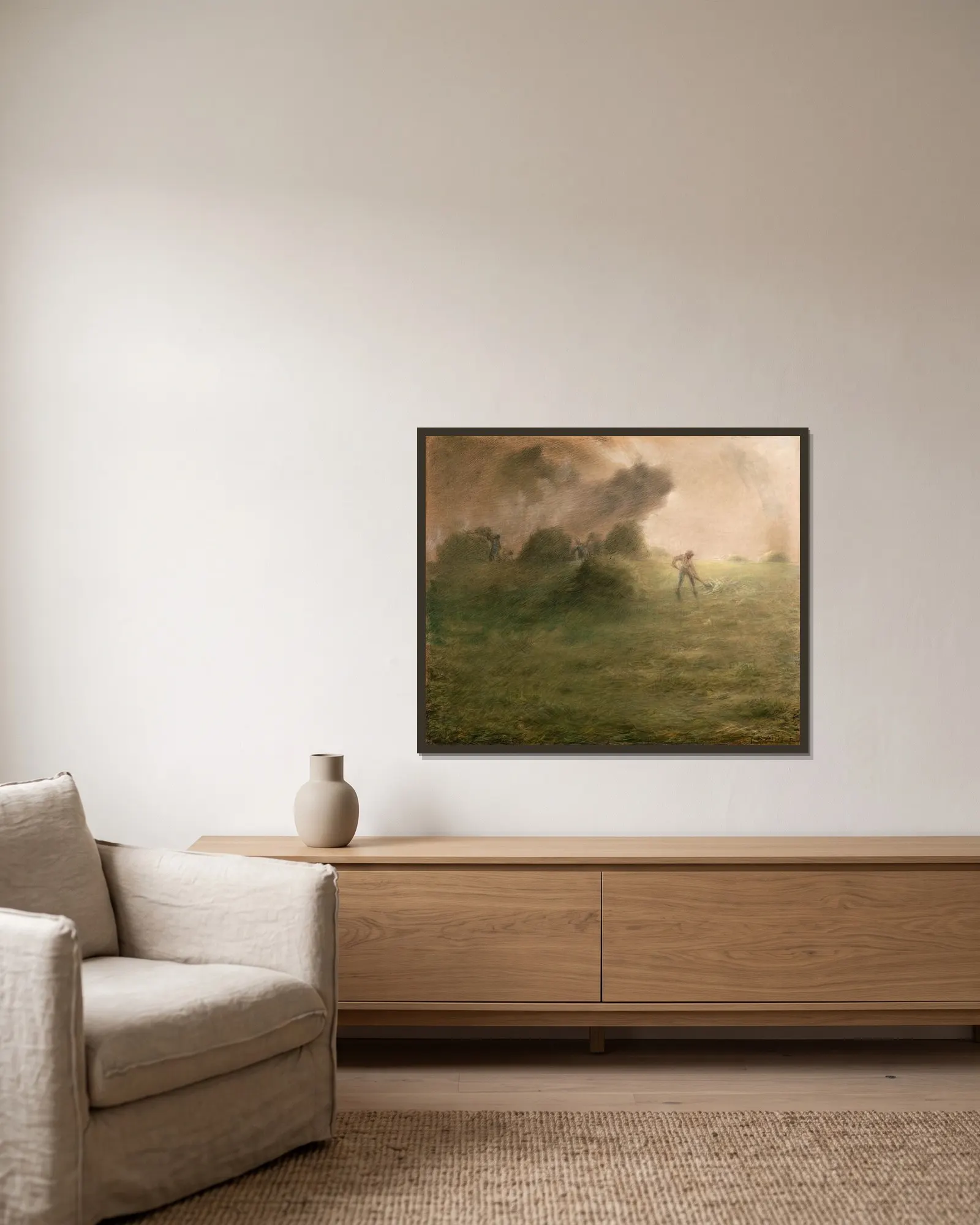 A Storm during Haymaking av Jean-François Millet inramad på en vägg