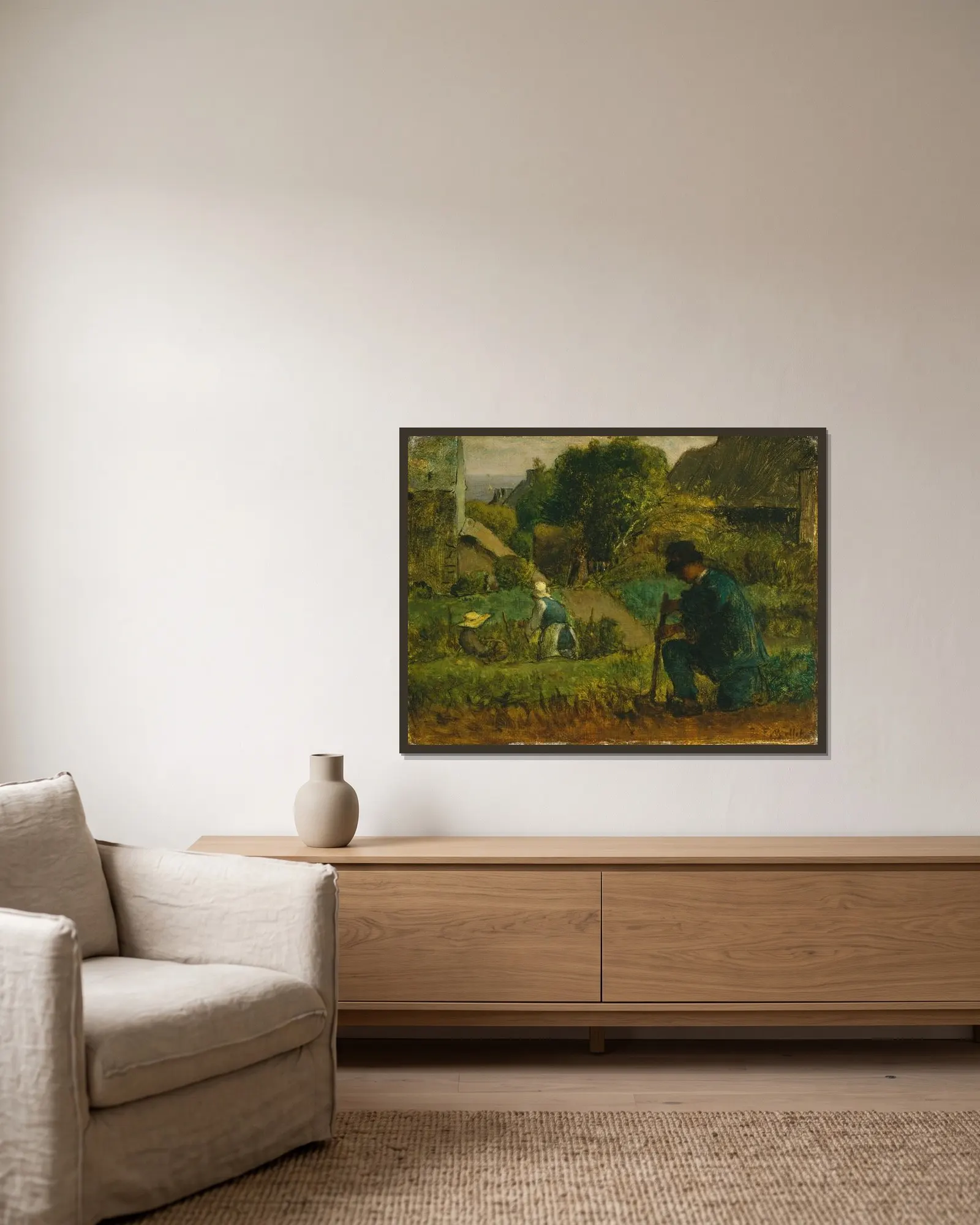 Garden Scene av Jean-François Millet inramad på en vägg