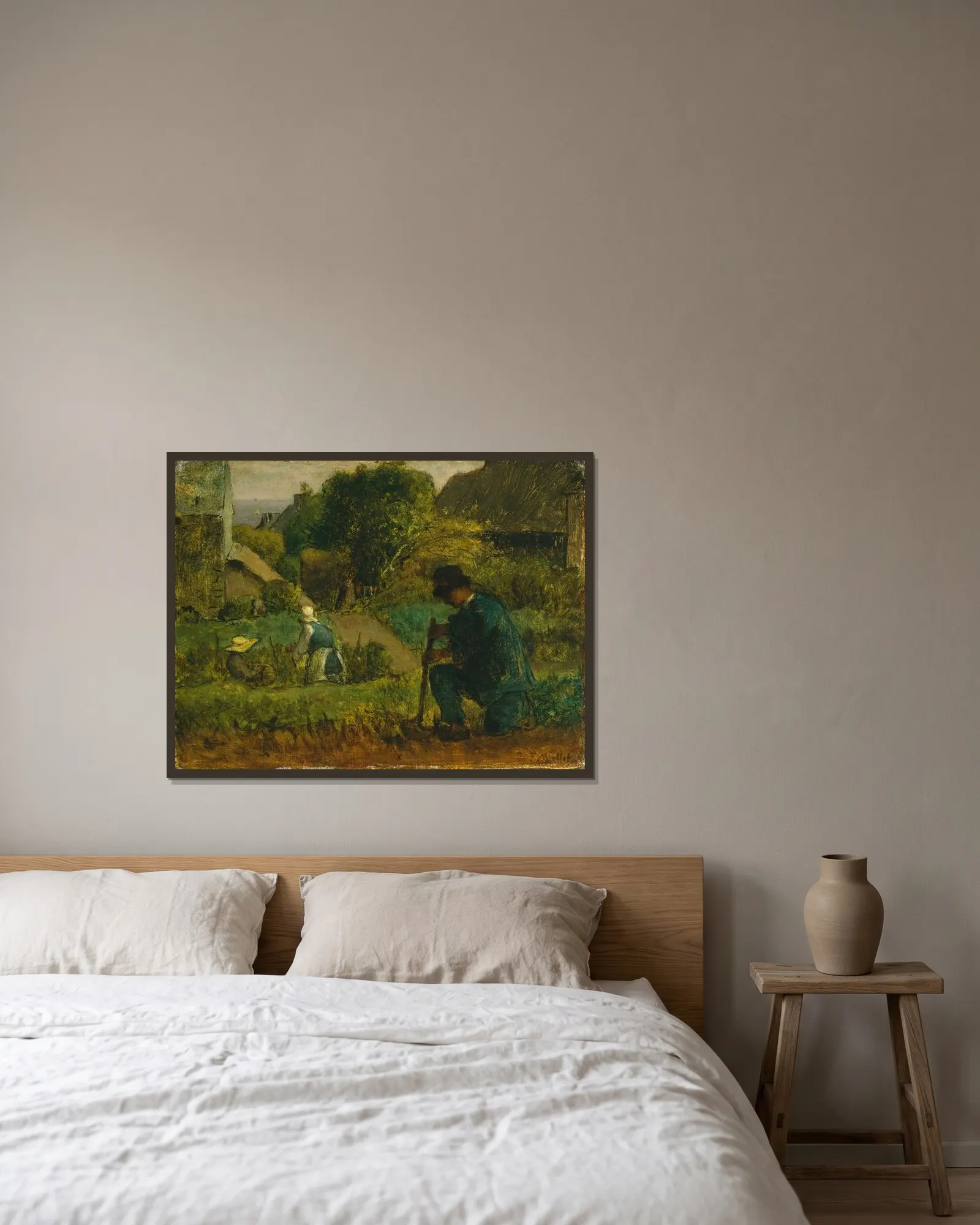 Garden Scene av Jean-François Millet inramad på en vägg
