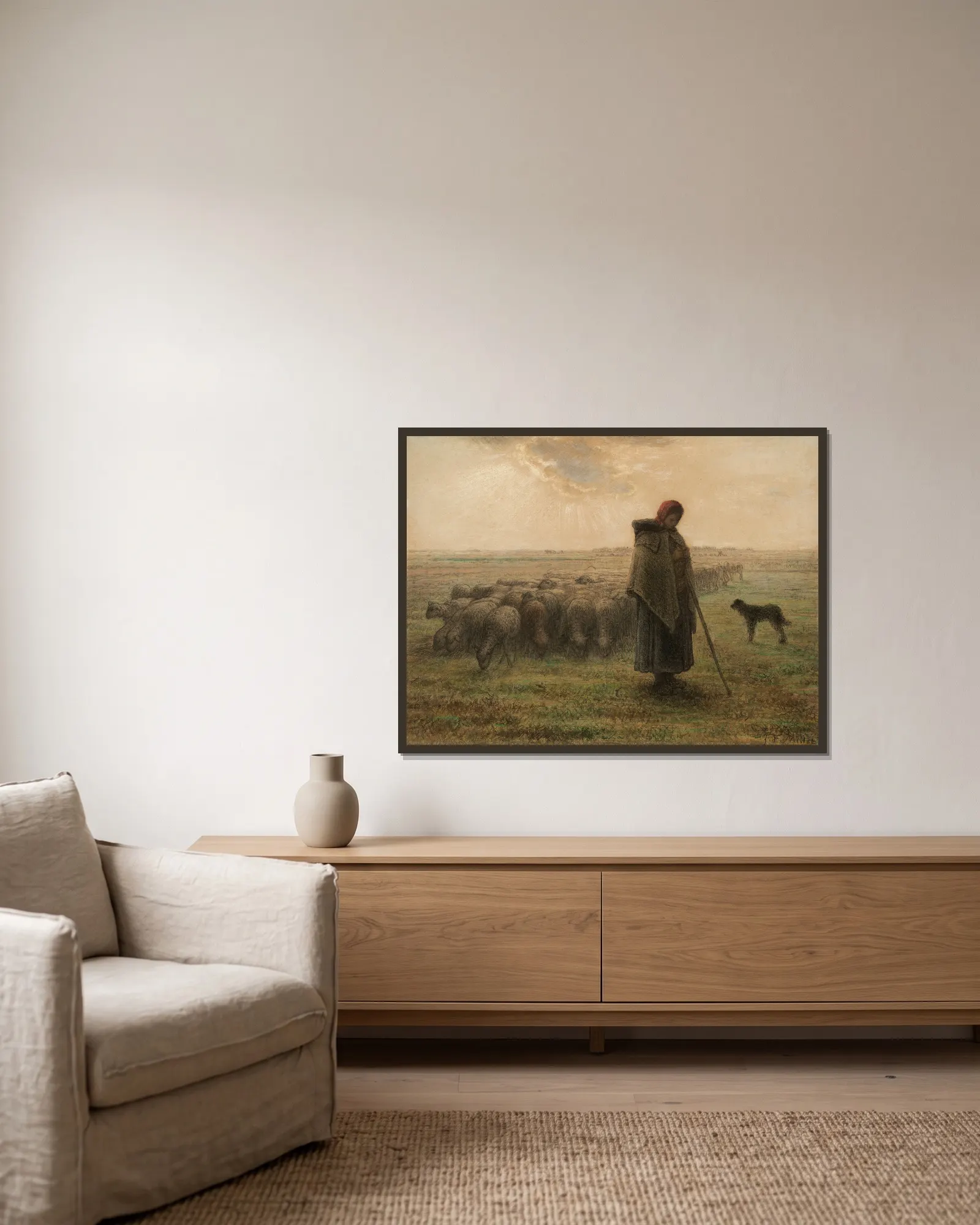 Shepherdess and Her Flock av Jean-François Millet inramad på en vägg