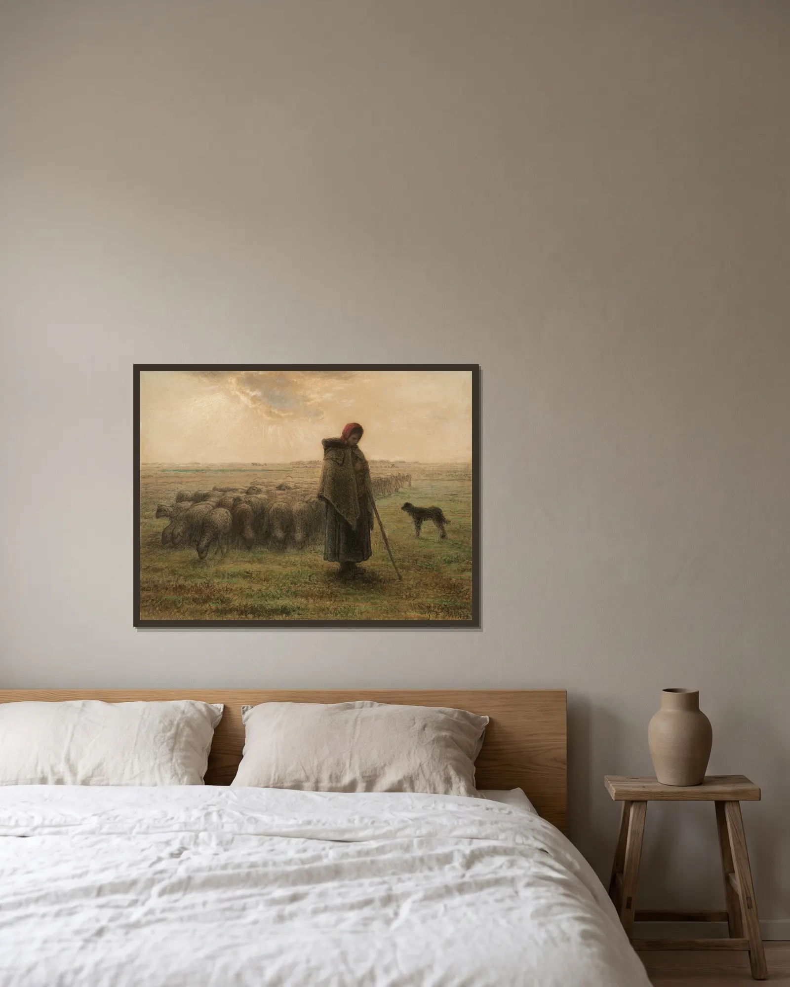 Shepherdess and Her Flock av Jean-François Millet inramad på en vägg