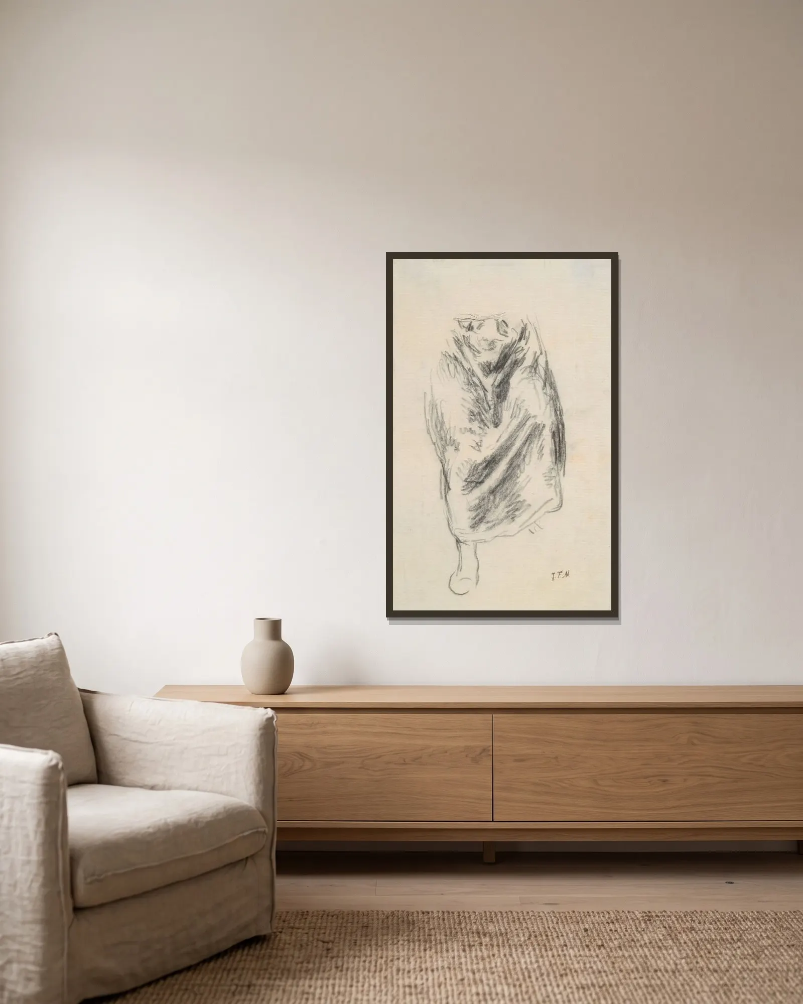 Study for ‘Bergere Assise’ av Jean-François Millet inramad på en vägg