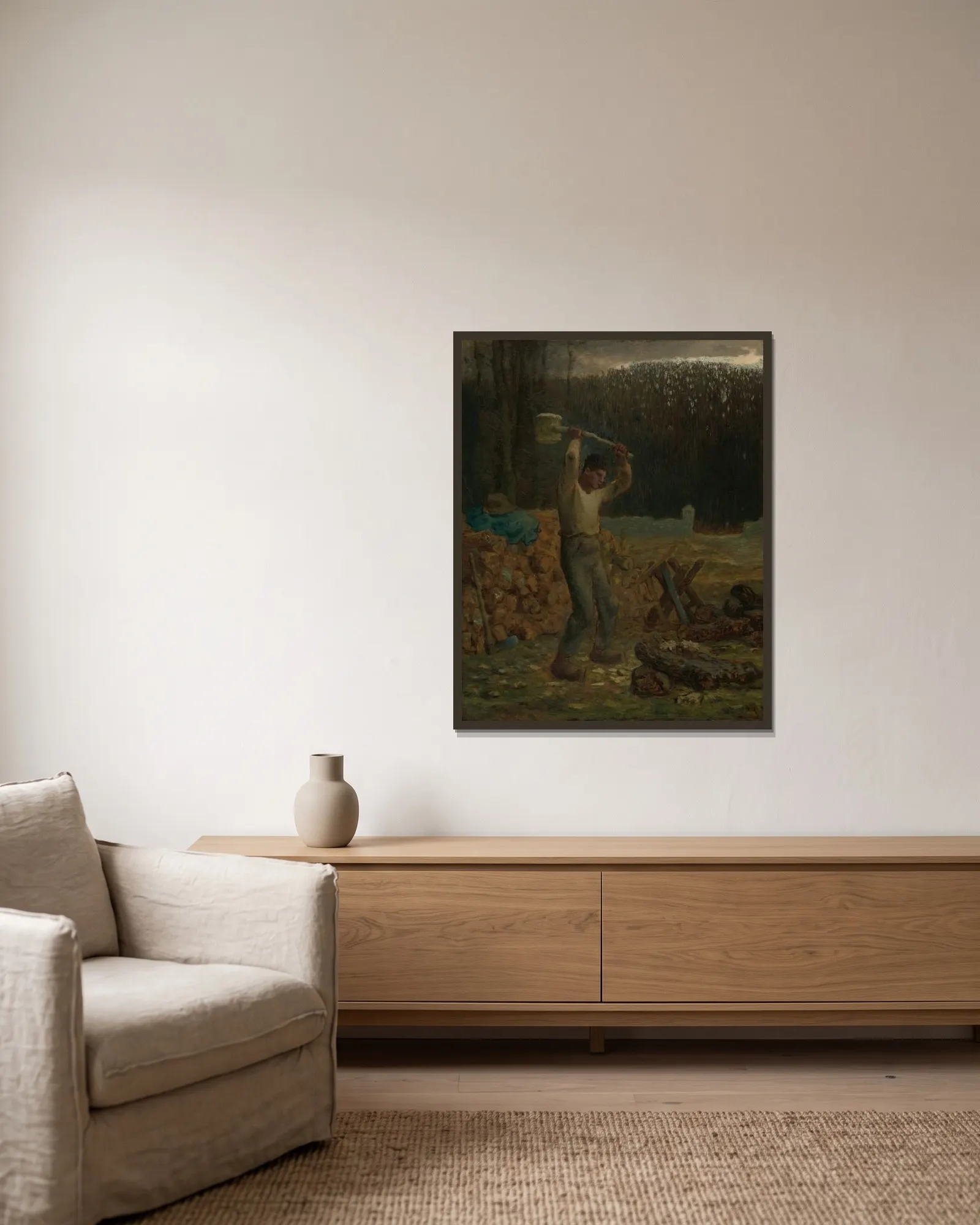 The Woodchopper av Jean-François Millet inramad på en vägg