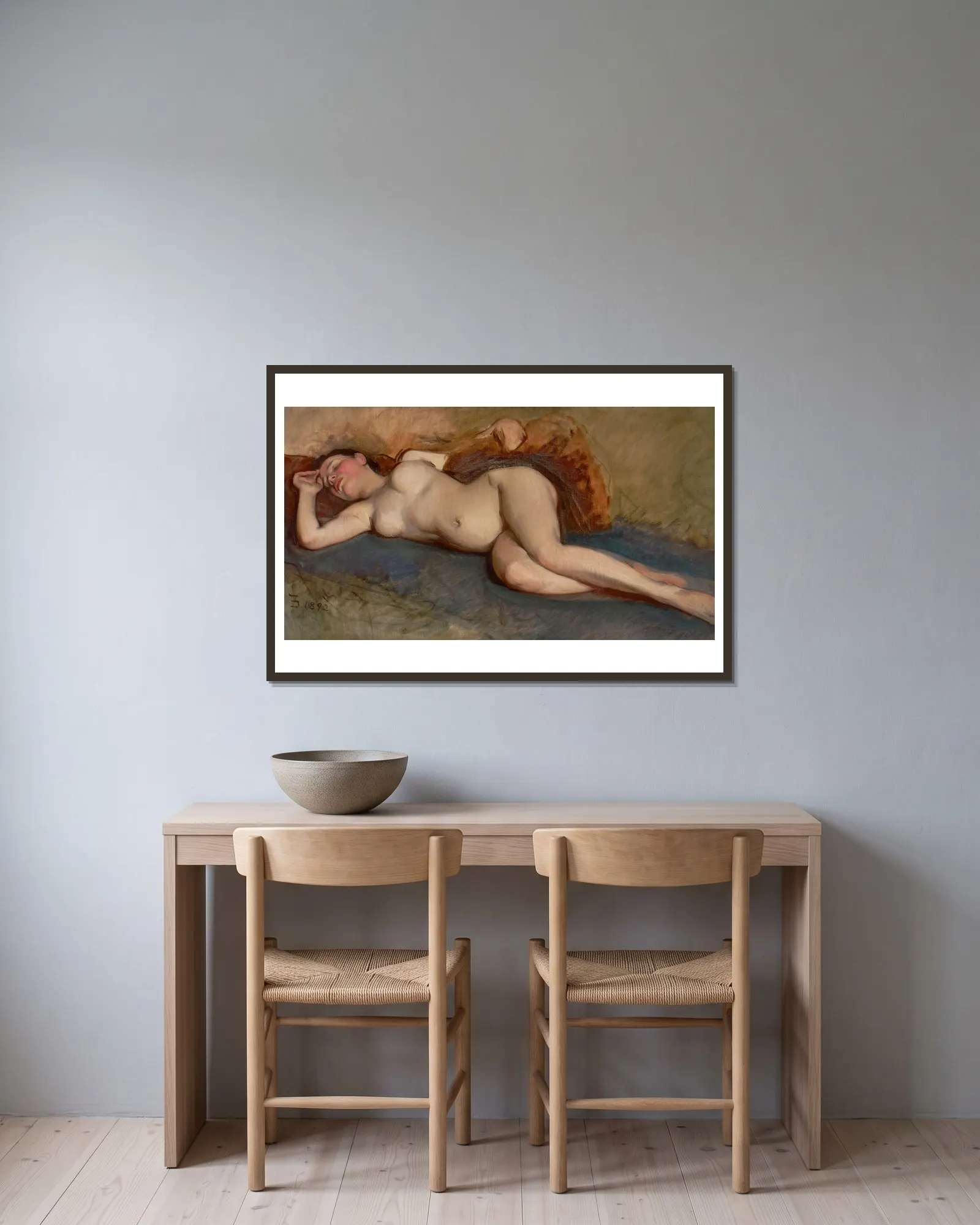 Reclining Nude av Frank Duveneck inramad på en vägg