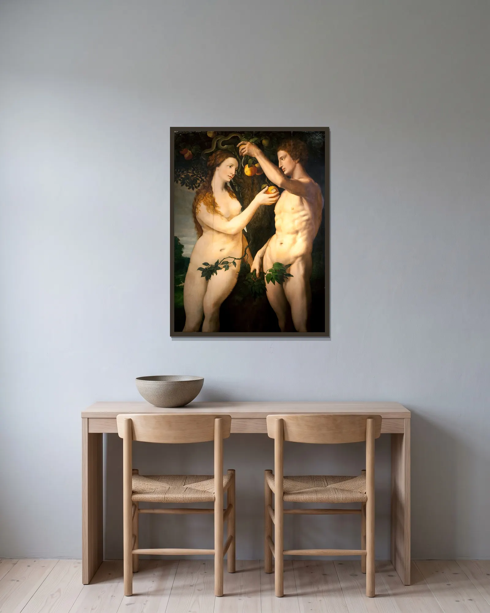 The Fall of Man av Frans Floris inramad på en vägg