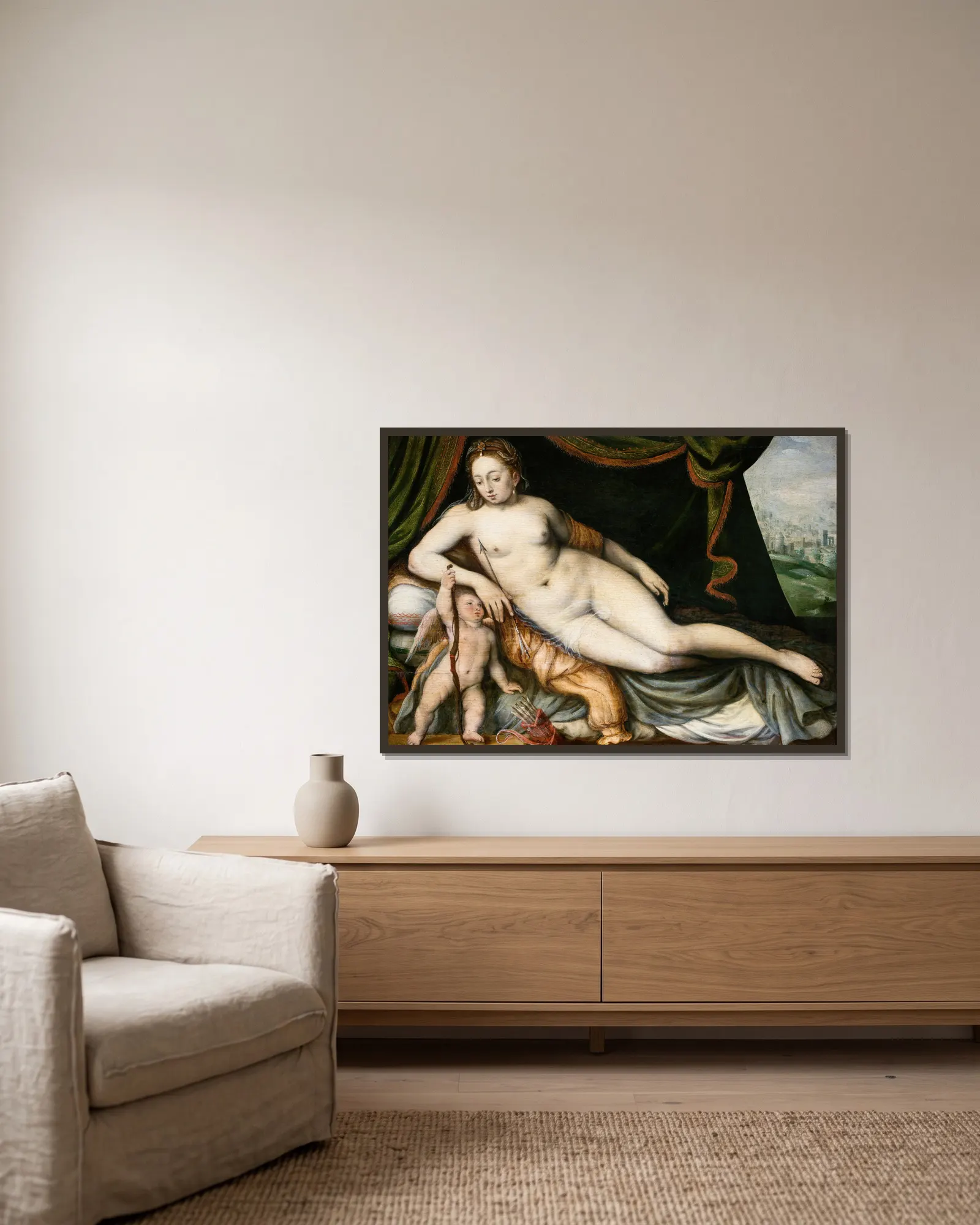 Venus and Cupid av Frans Floris inramad på en vägg