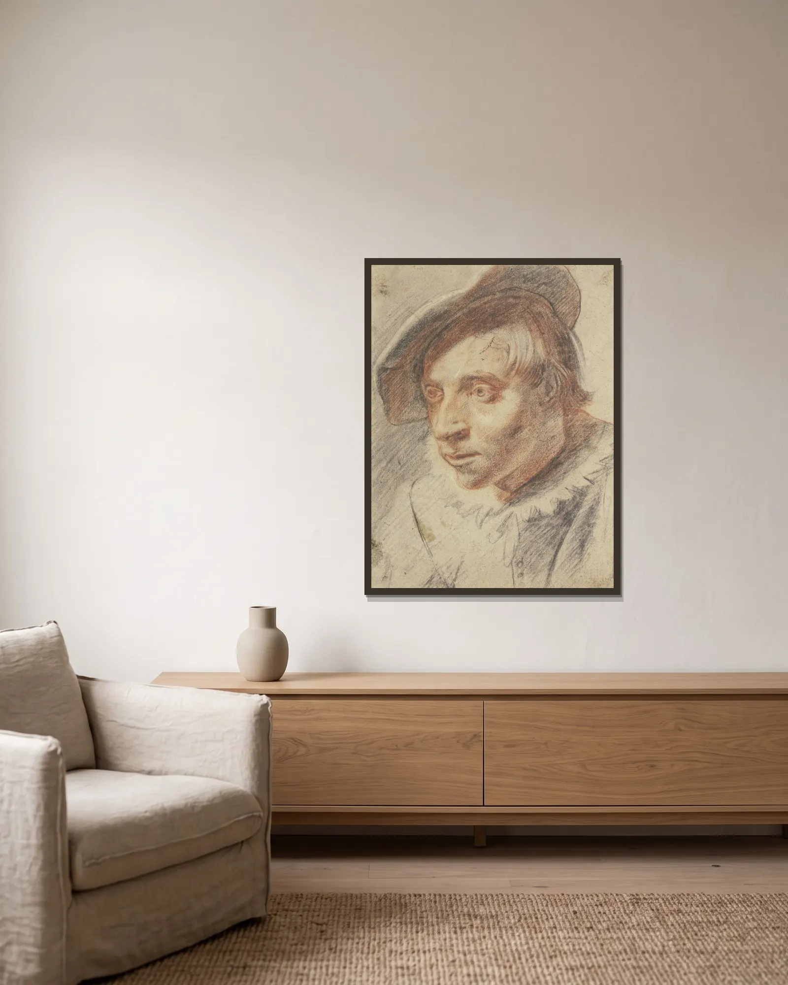 Brustbild eines Bauern mit Kappe av Frans Hals inramad på en vägg