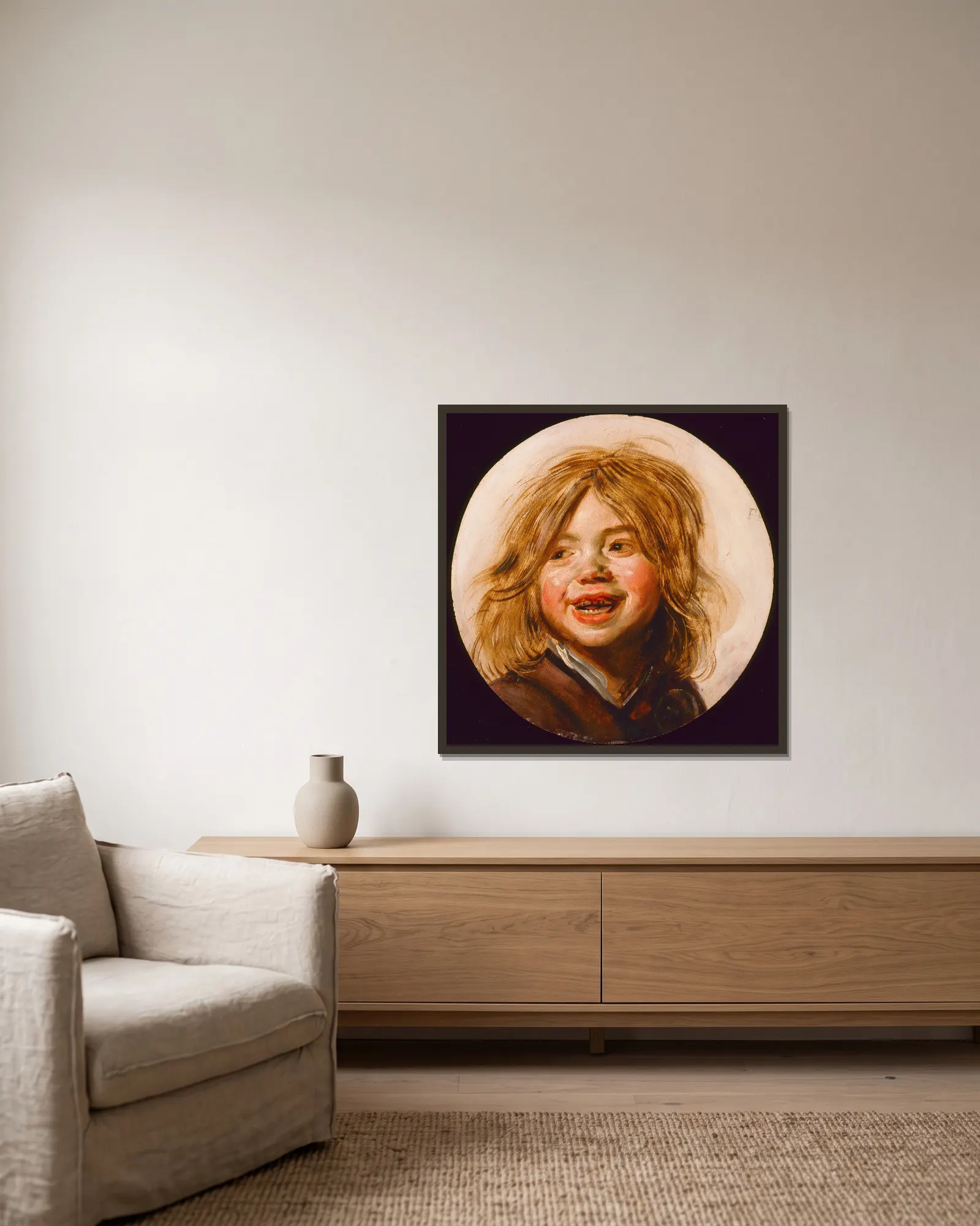 Laughing Child av Frans Hals inramad på en vägg