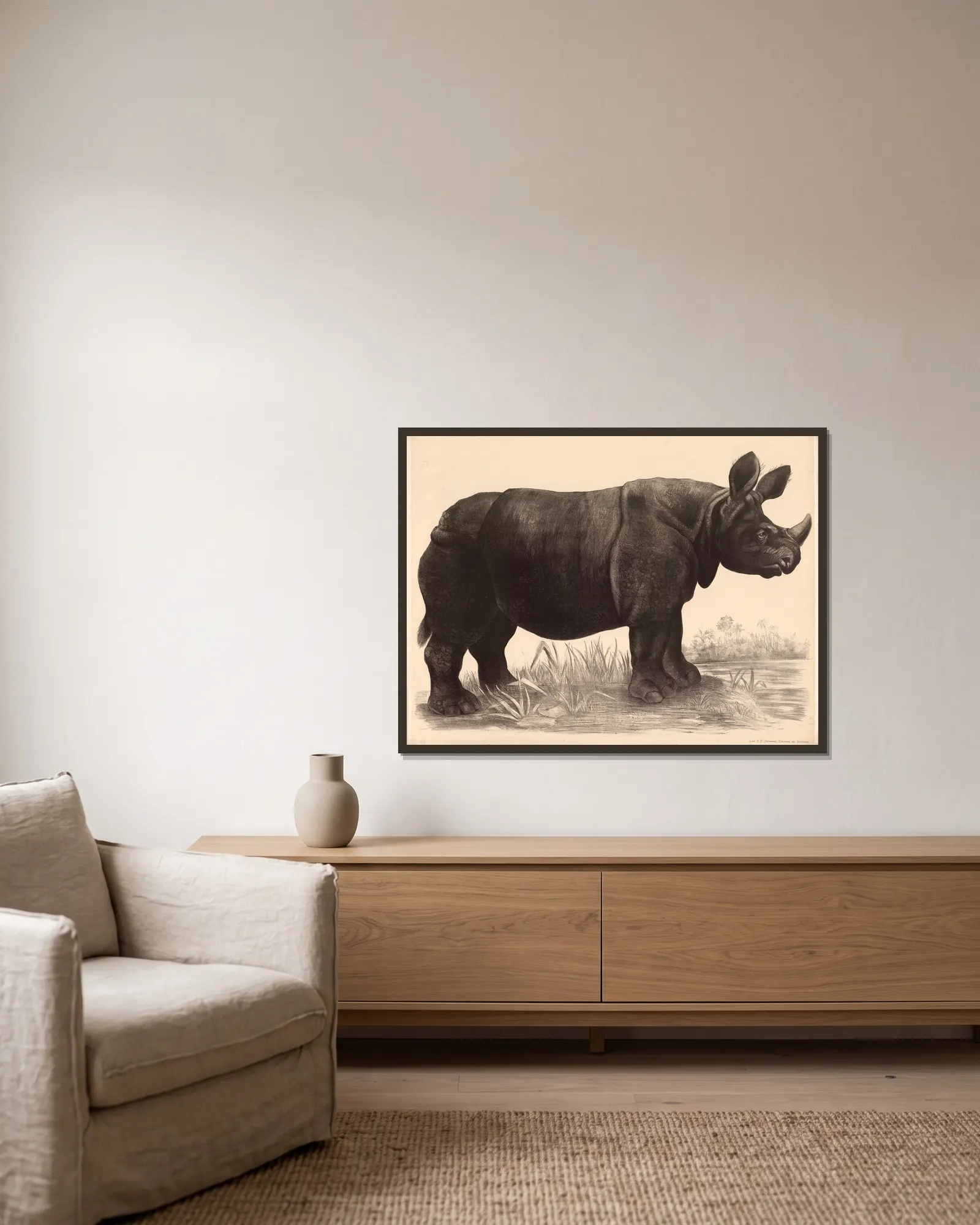 Nashorn (Rhinoceros indicus) av Franz Engleder inramad på en vägg