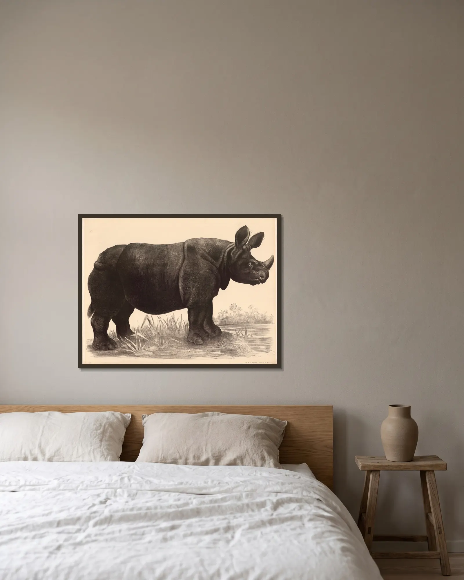 Nashorn (Rhinoceros indicus) av Franz Engleder inramad på en vägg