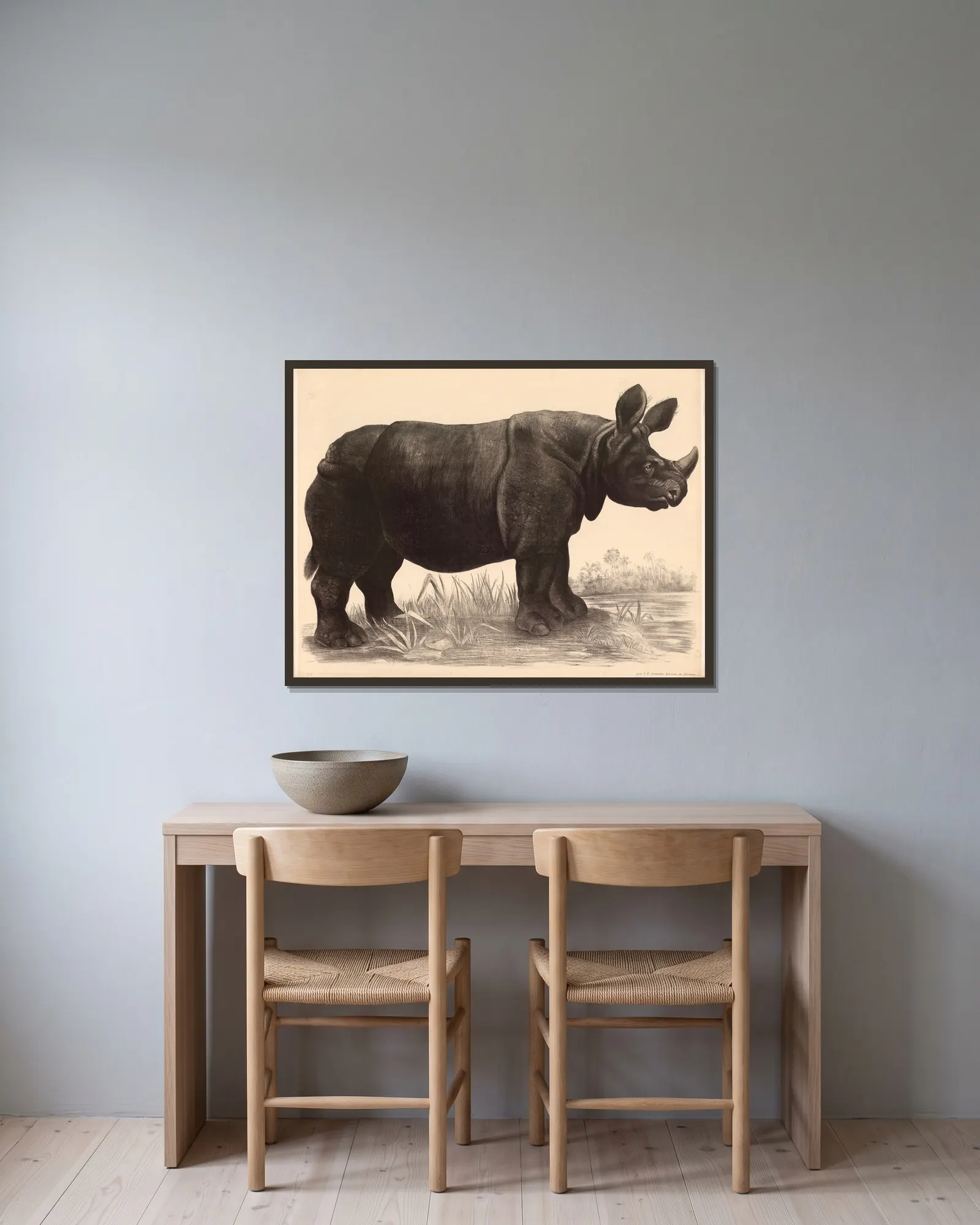Nashorn (Rhinoceros indicus) av Franz Engleder inramad på en vägg