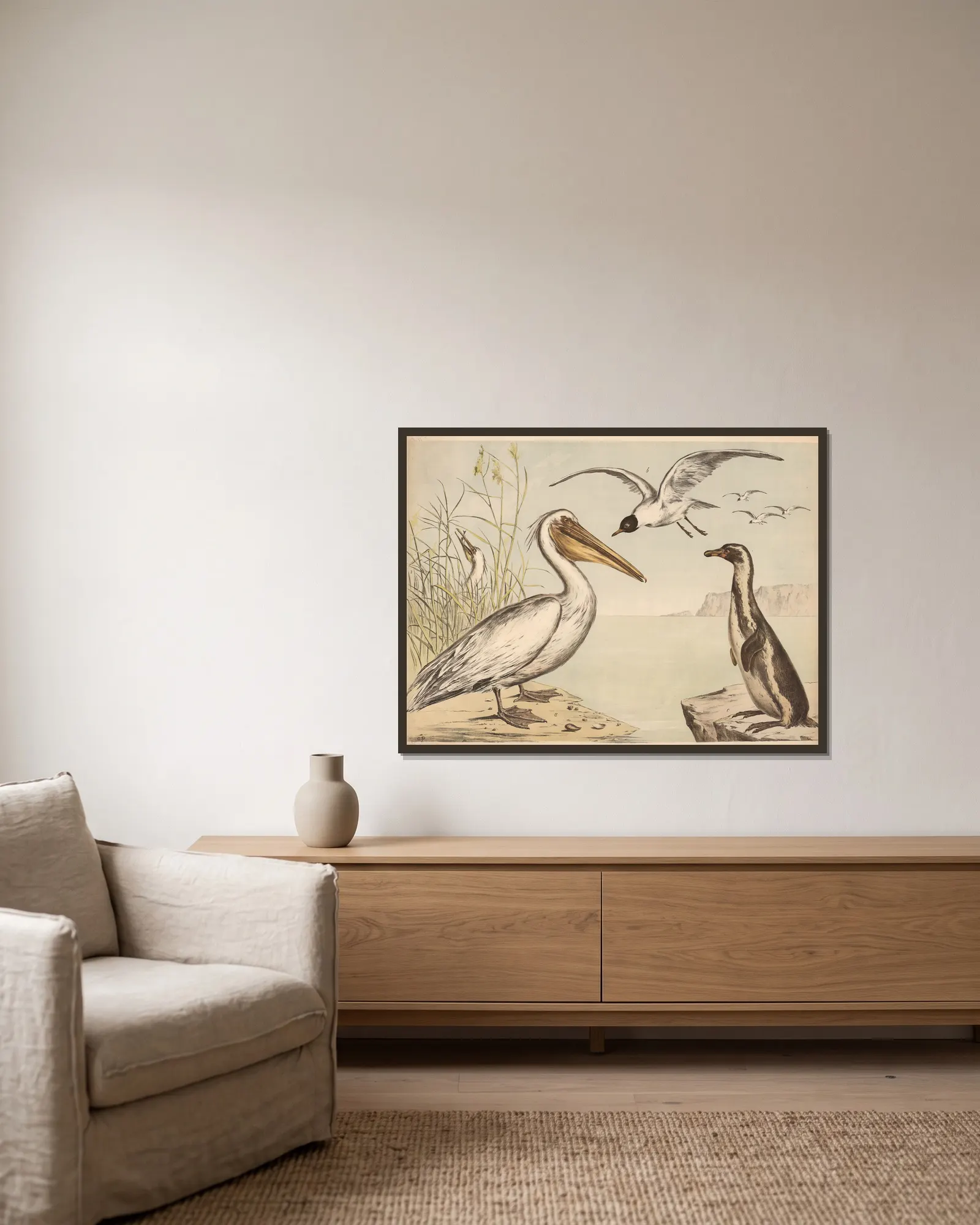 Pelikan Möve Pinguin av Franz Engleder inramad på en vägg