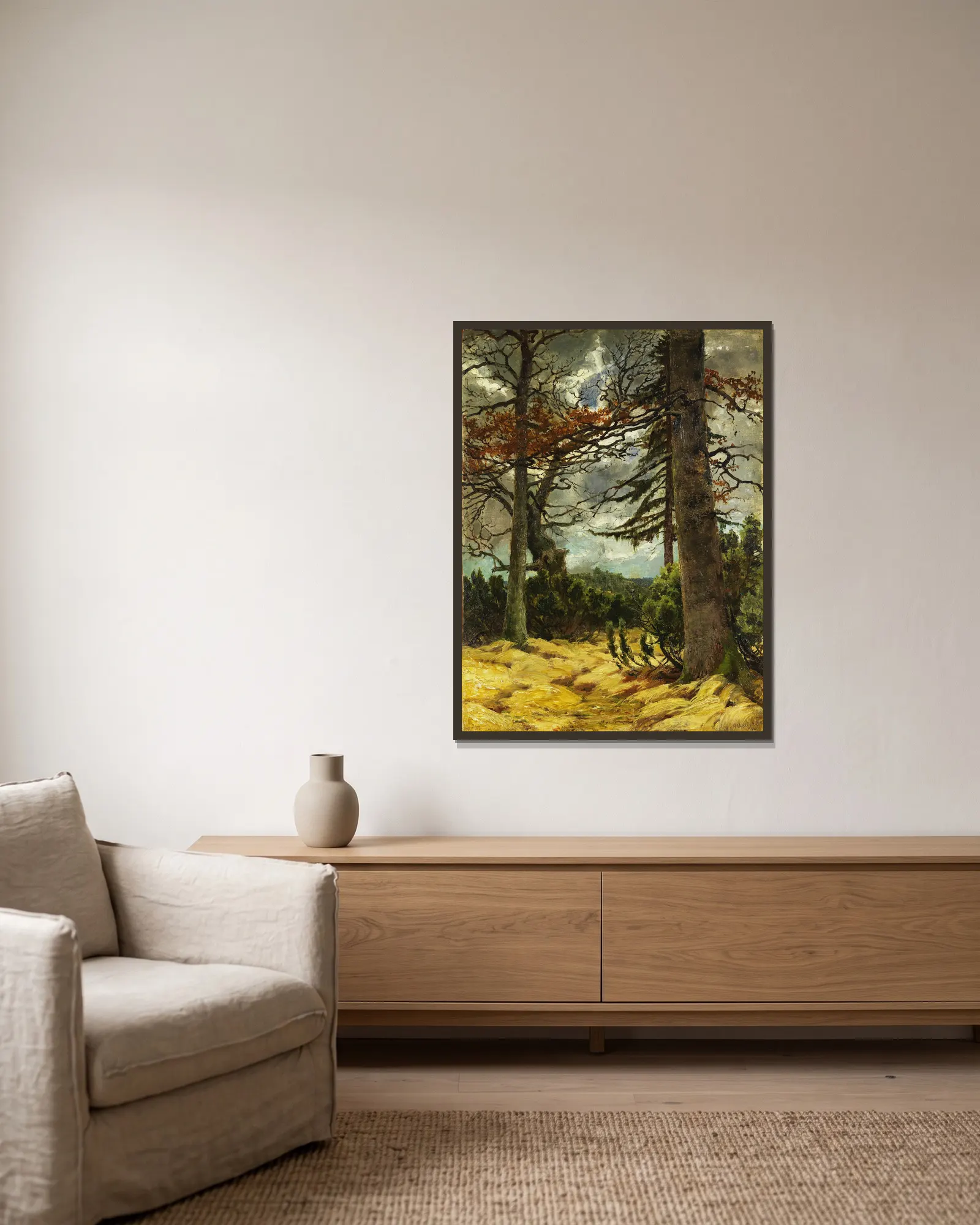 Eichenstämme im Vorfrühling av Franz Marc inramad på en vägg