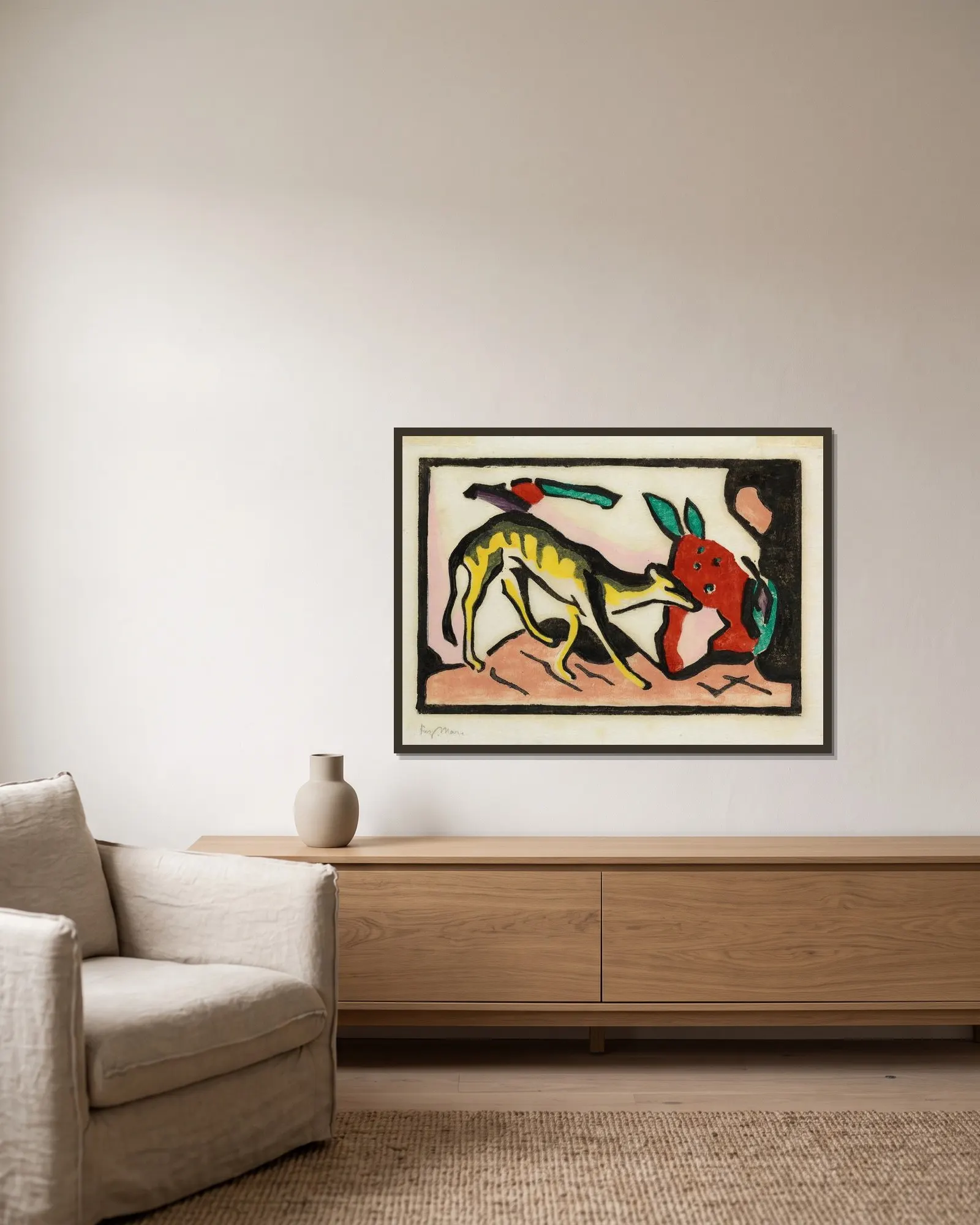 Fabeltier av Franz Marc inramad på en vägg