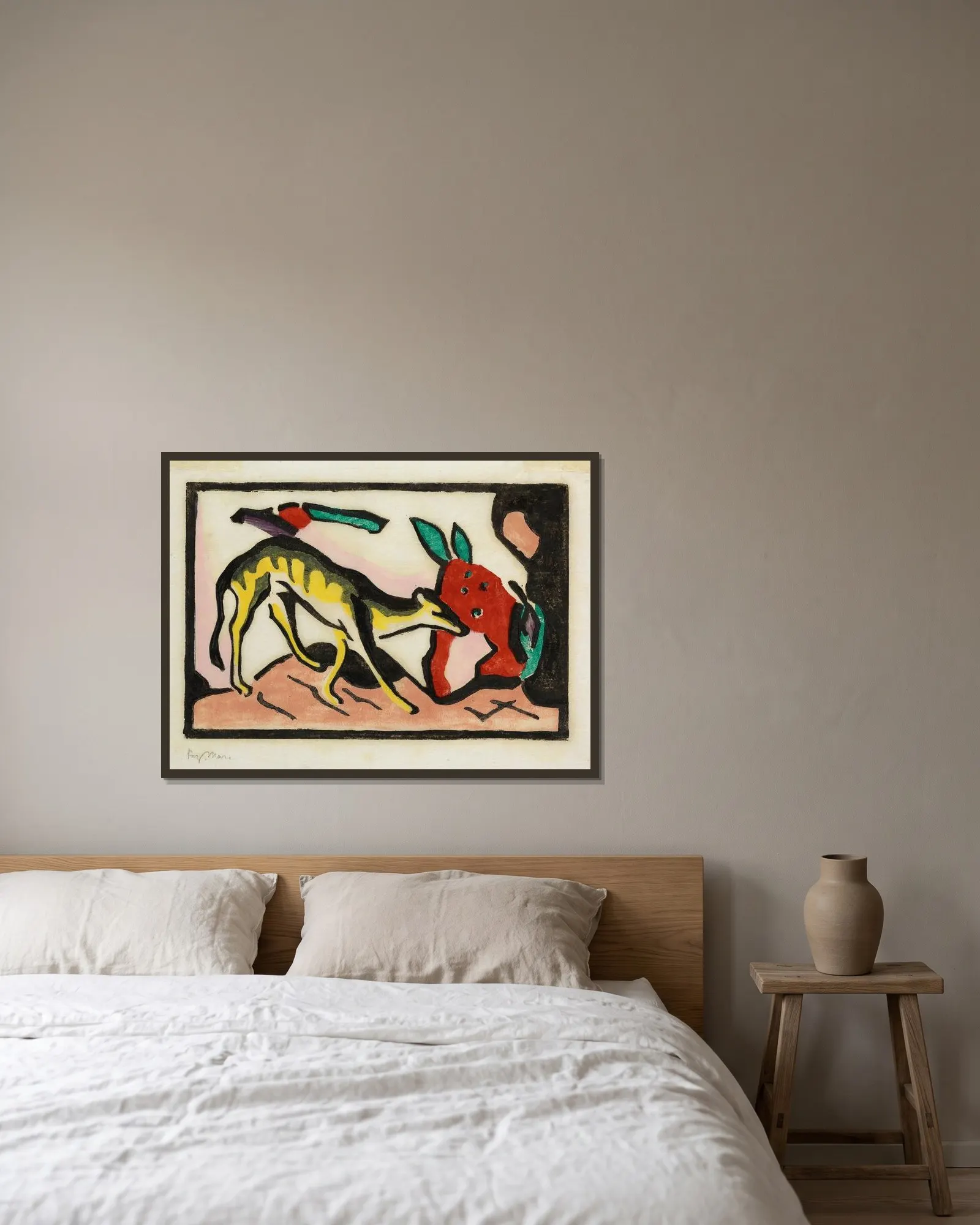 Fabeltier av Franz Marc inramad på en vägg