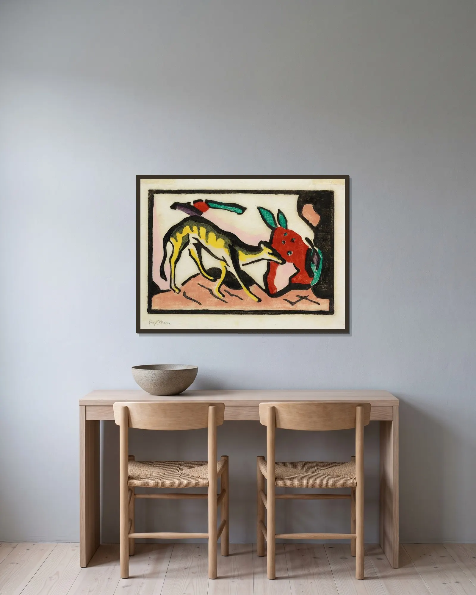 Fabeltier av Franz Marc inramad på en vägg