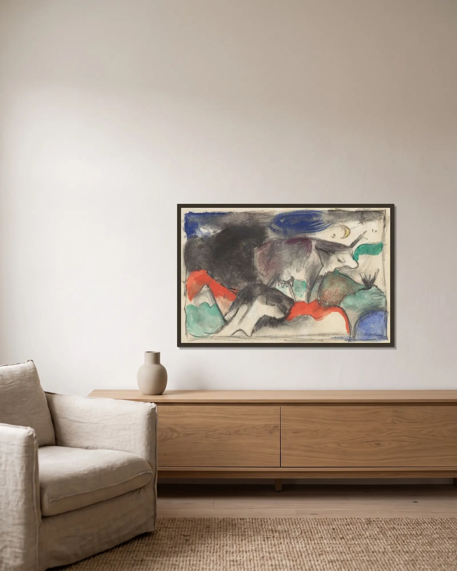 Rotes Rind av Franz Marc inramad på en vägg