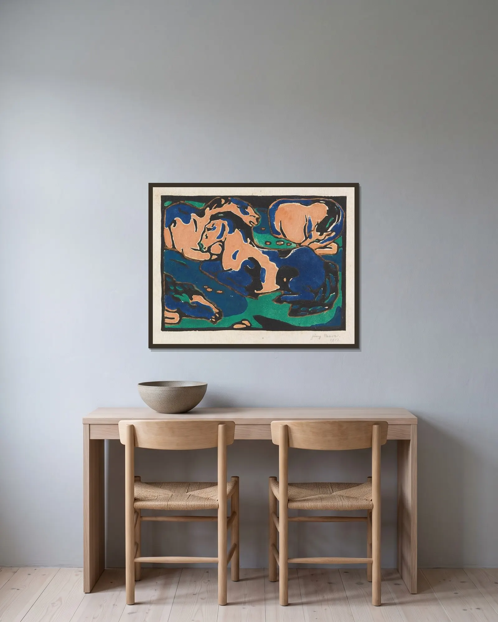 Ruhende Pferde av Franz Marc inramad på en vägg