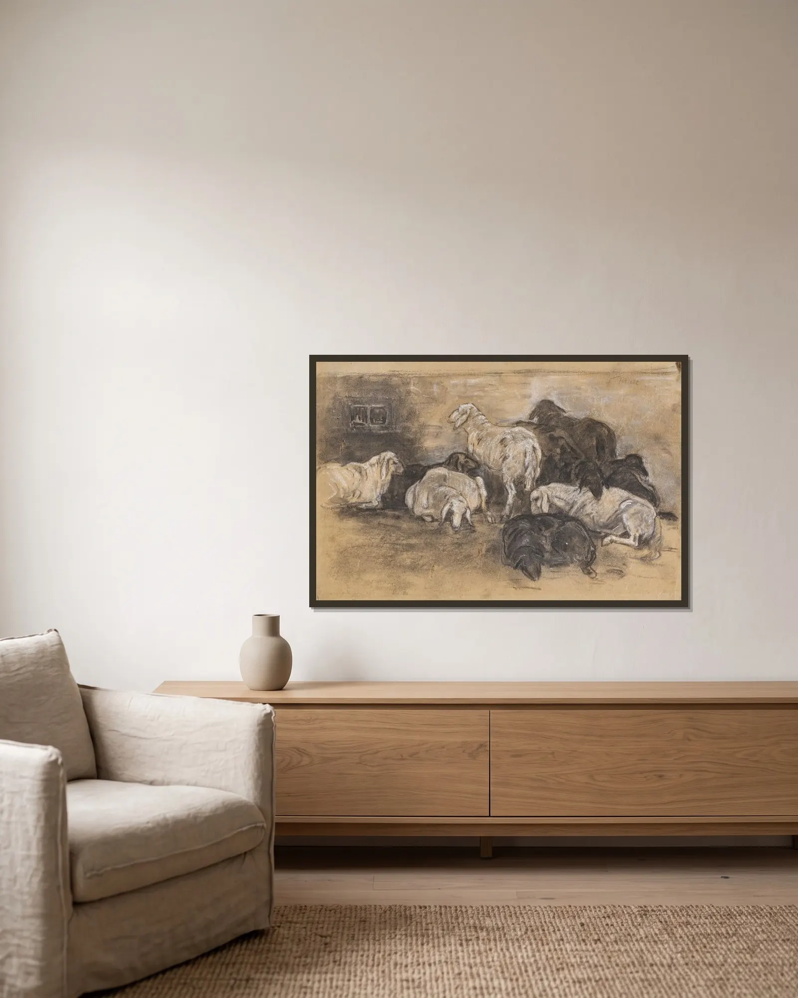 Schafgruppe av Franz Marc inramad på en vägg