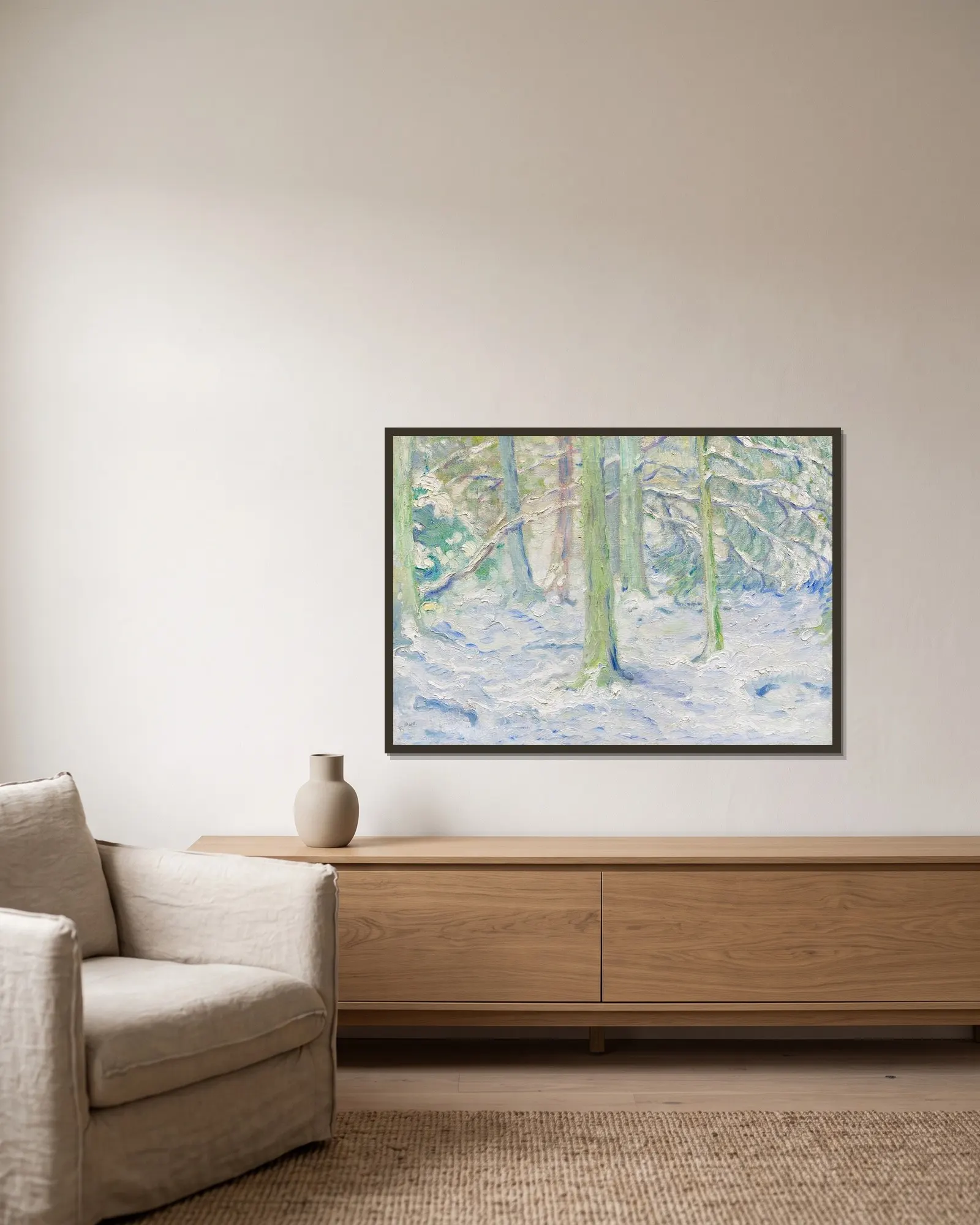 Verschneiter Wald av Franz Marc inramad på en vägg