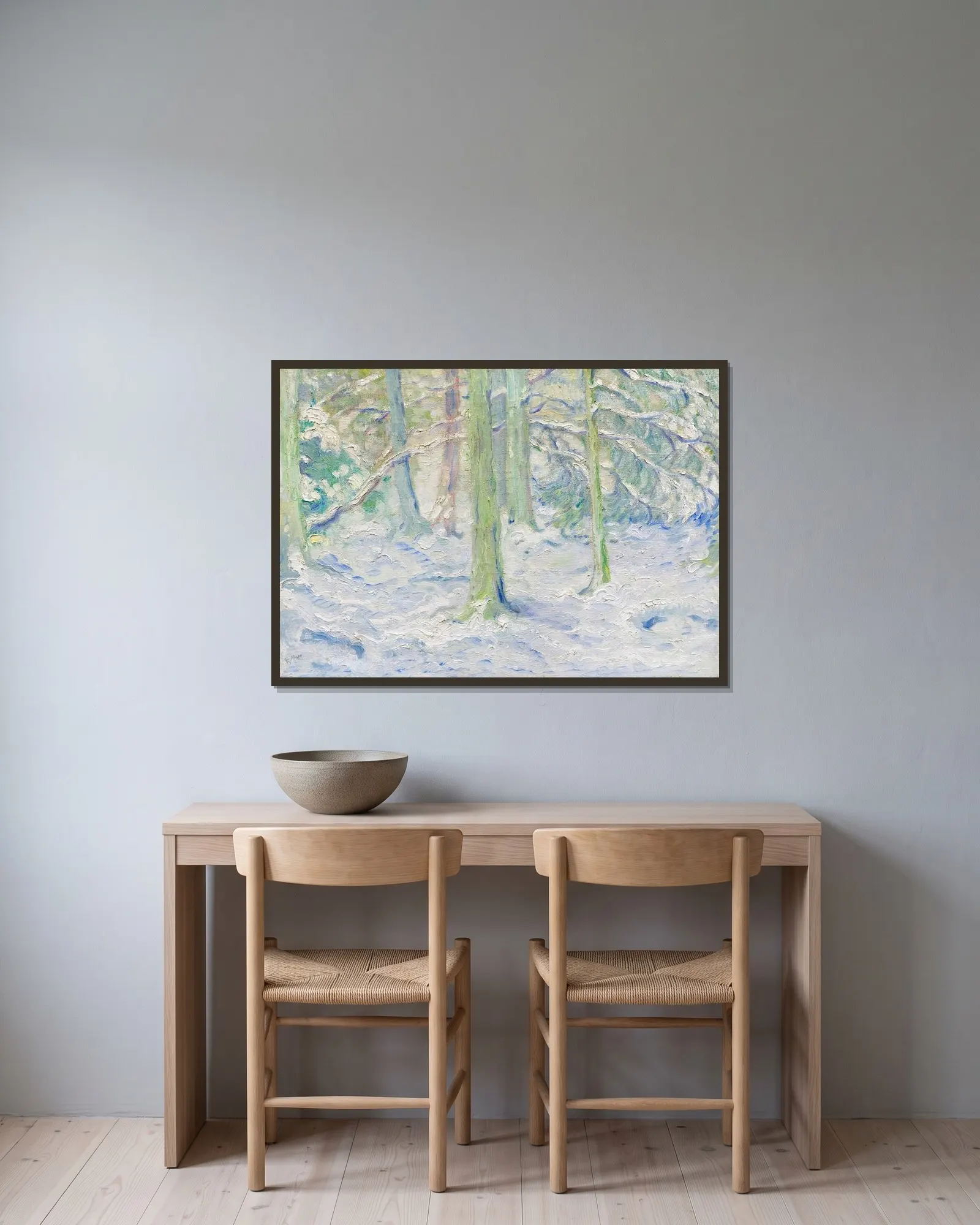 Verschneiter Wald av Franz Marc inramad på en vägg