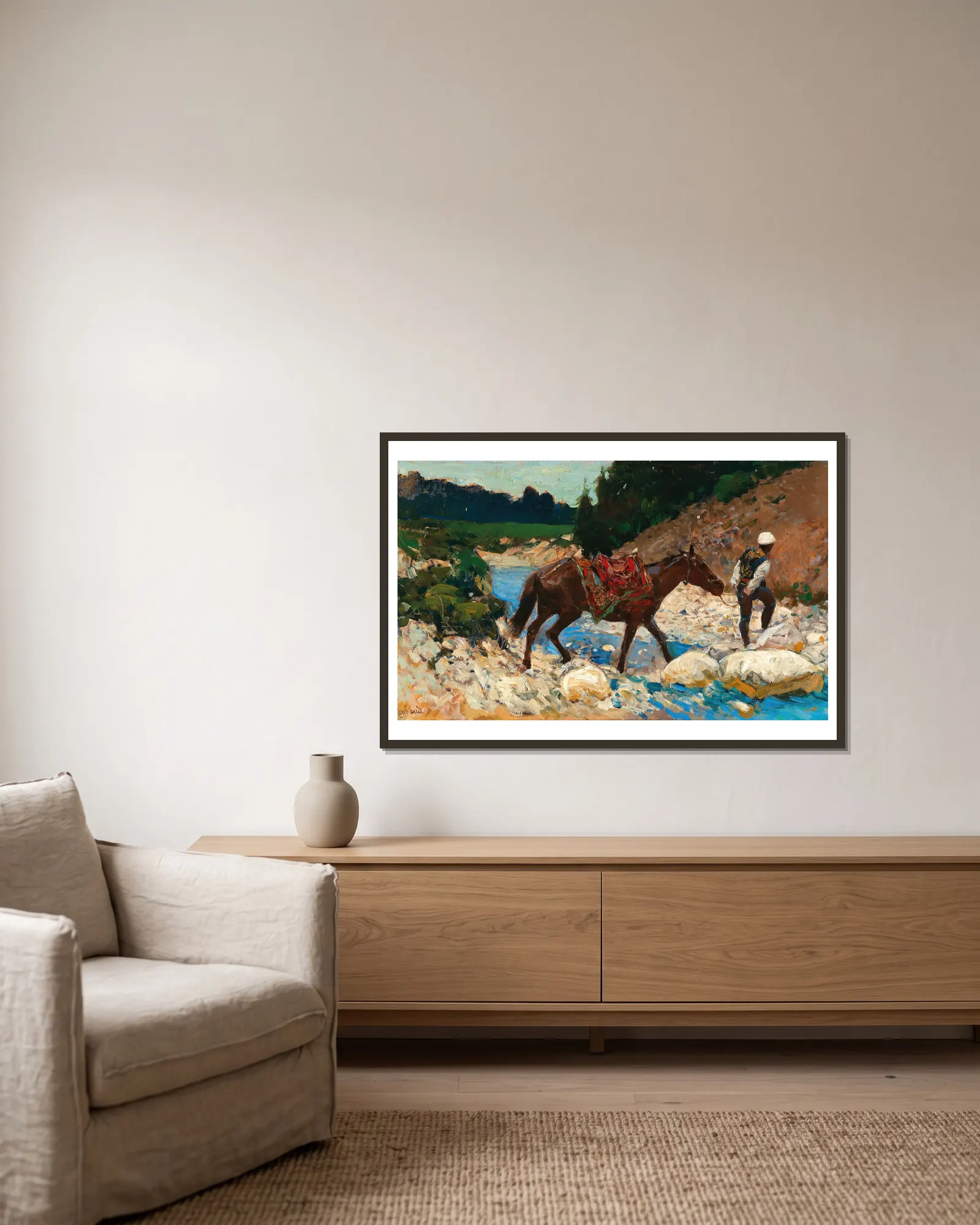 An Equestrian Crossing a Ford av Franz Roubaud inramad på en vägg