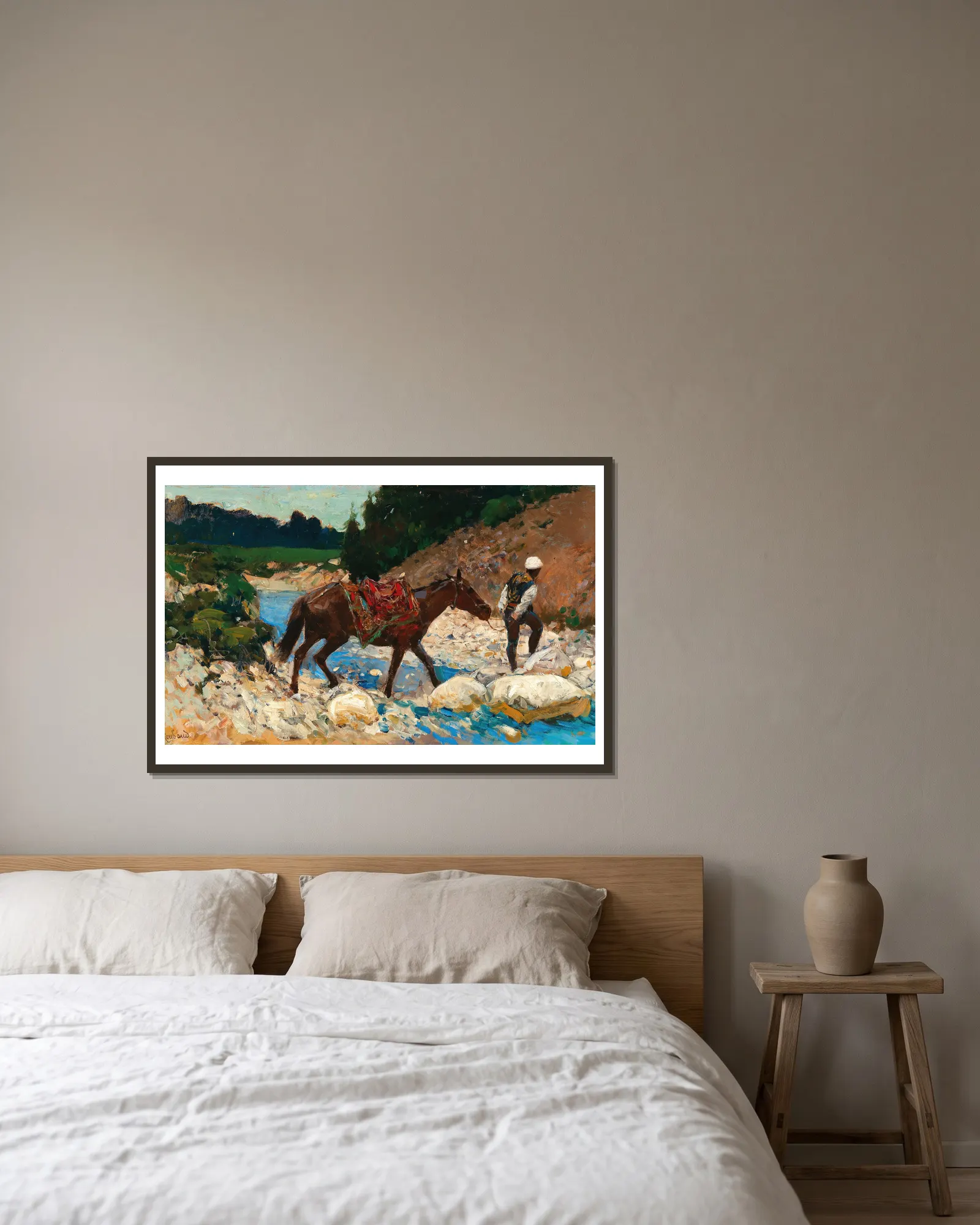 An Equestrian Crossing a Ford av Franz Roubaud inramad på en vägg