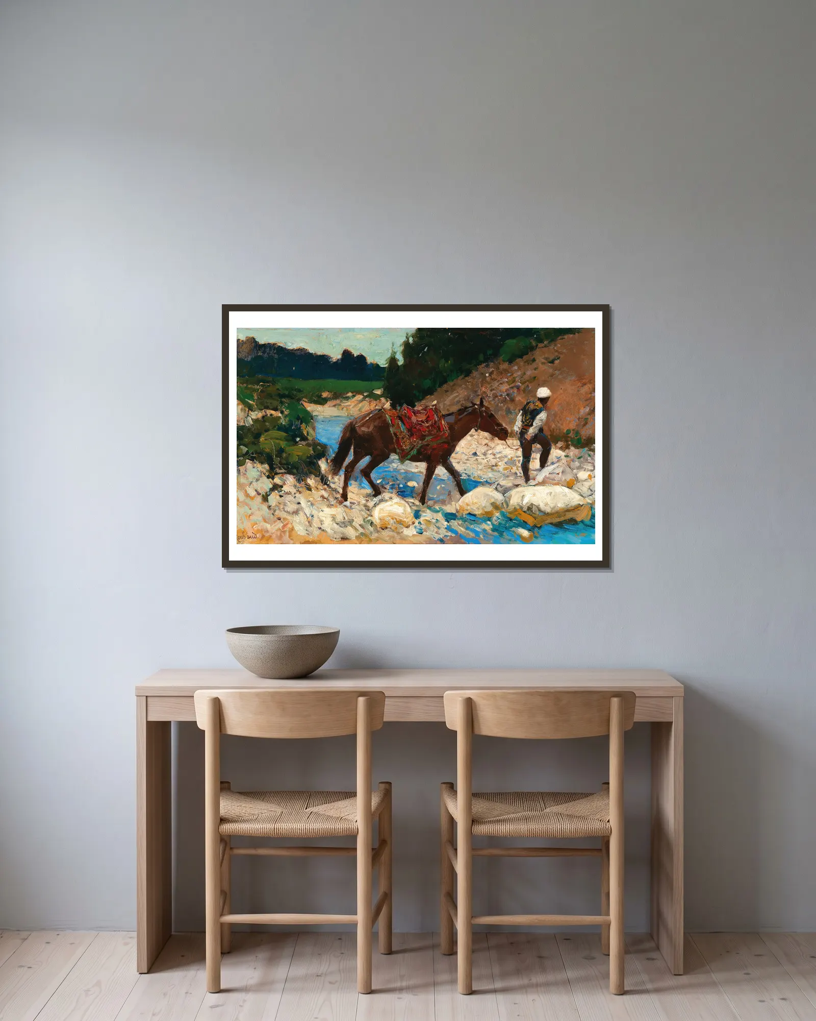 An Equestrian Crossing a Ford av Franz Roubaud inramad på en vägg