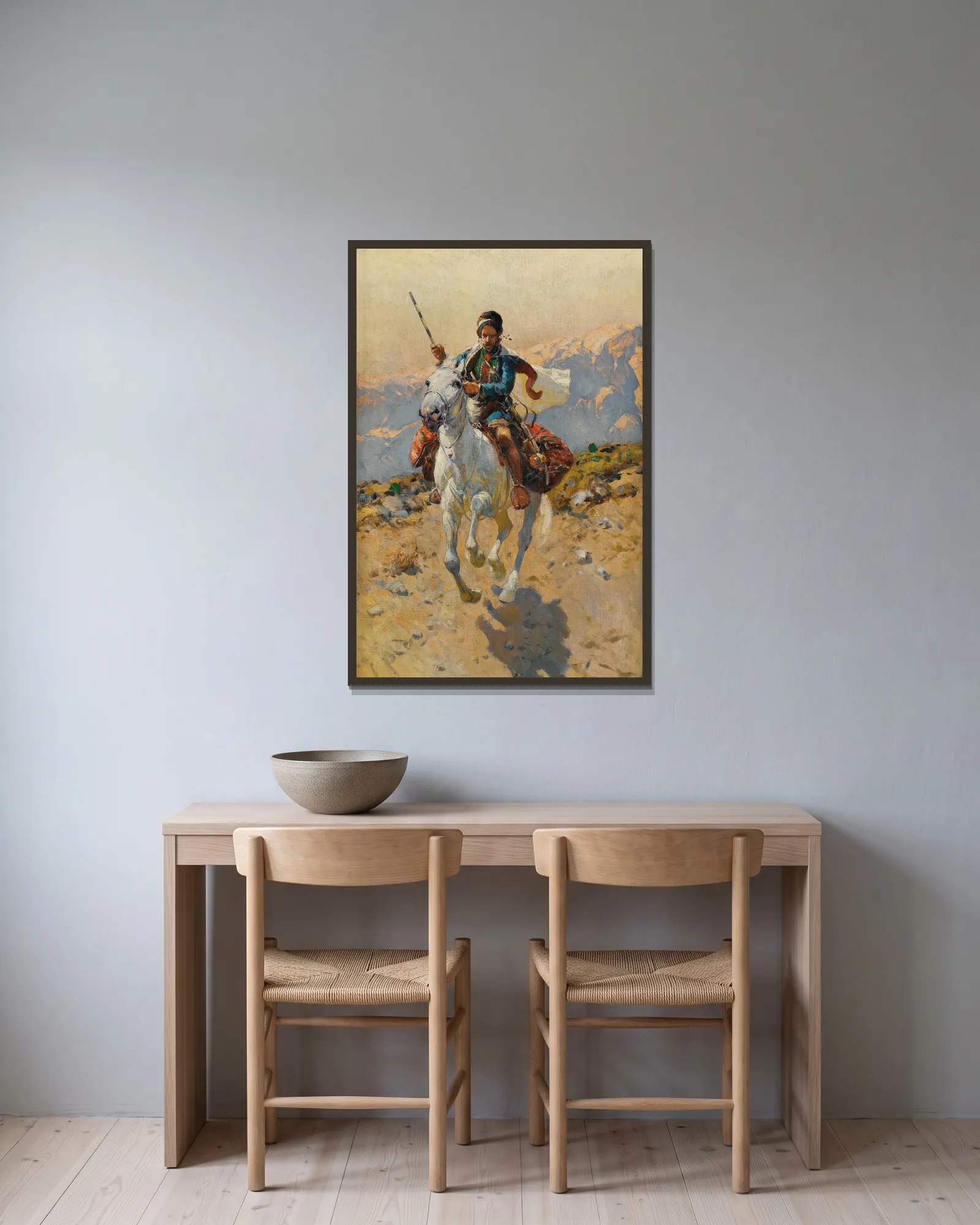 Caucasian Horseman av Franz Roubaud inramad på en vägg
