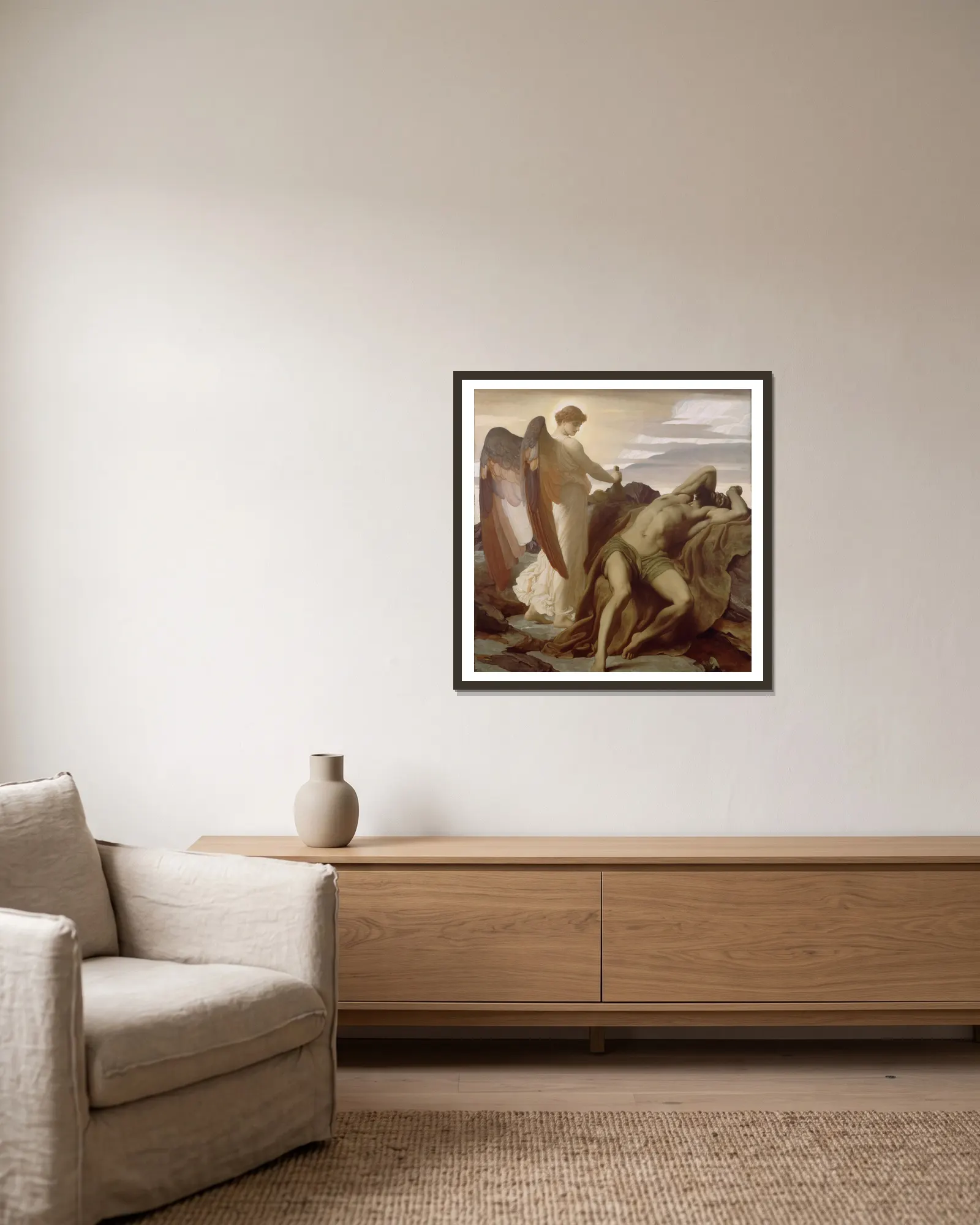 Elijah in the Wilderness av Frederic Leighton inramad på en vägg