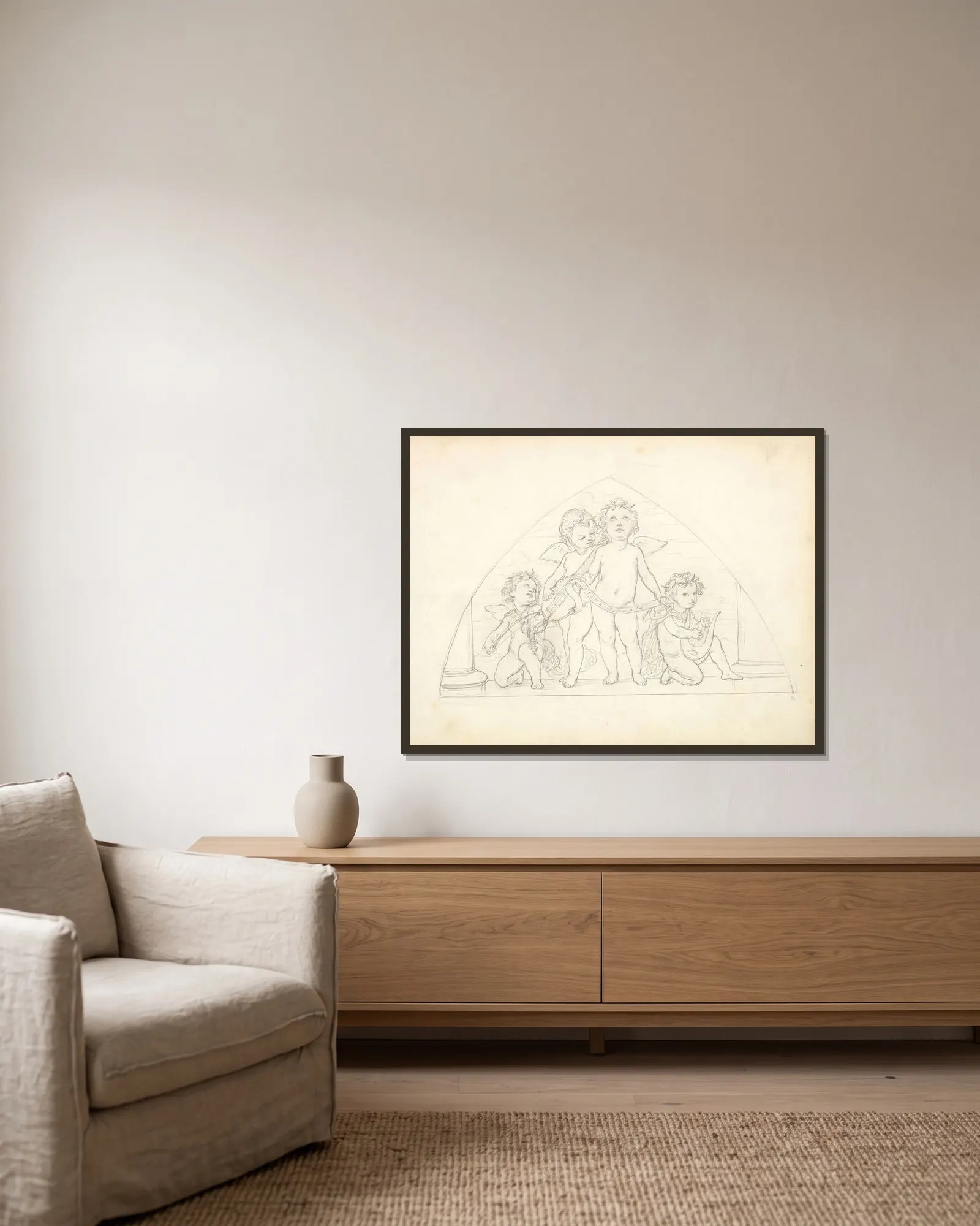 Four Musical Putti av Frederic Leighton inramad på en vägg