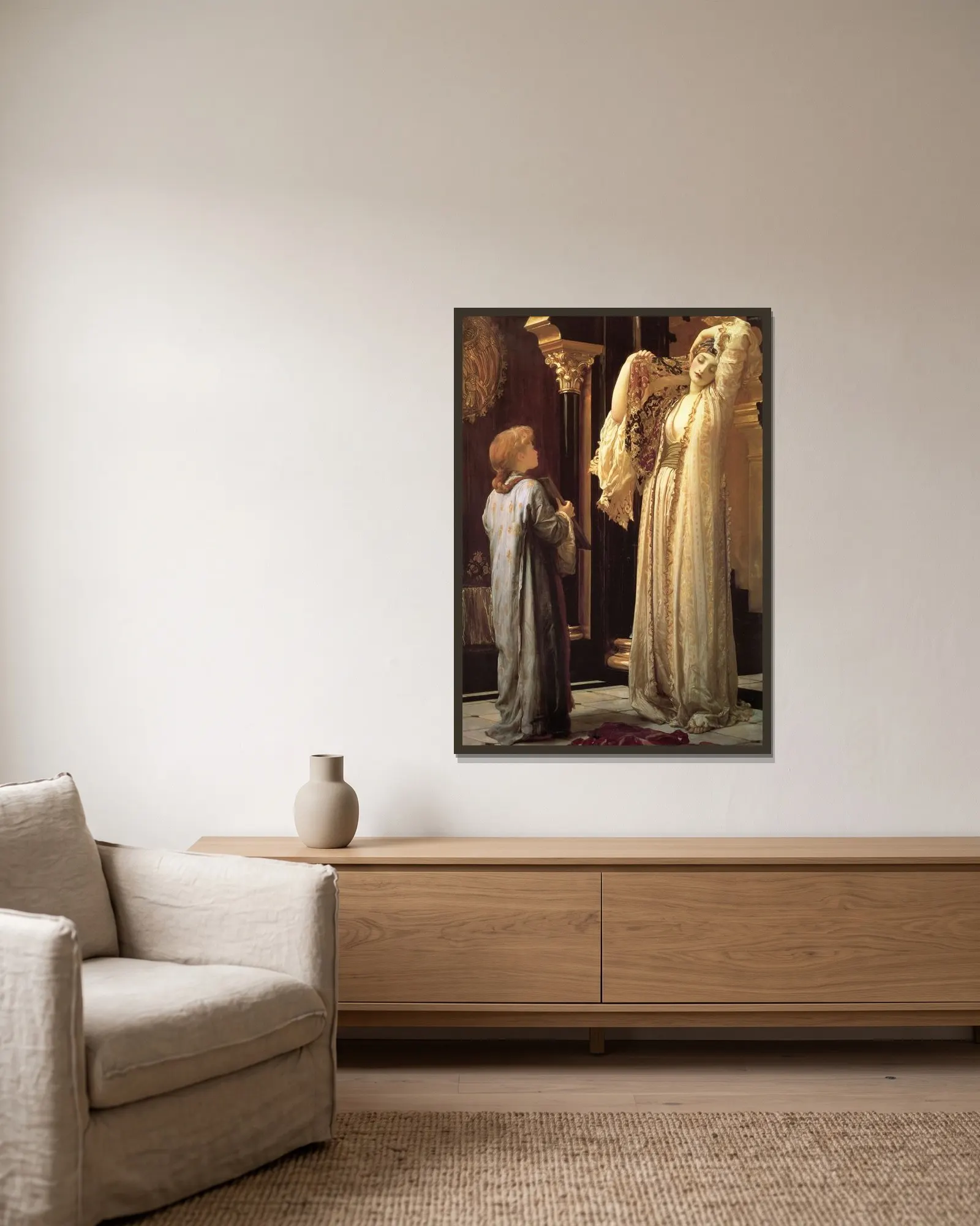 Light of the Harem av Frederic Leighton inramad på en vägg