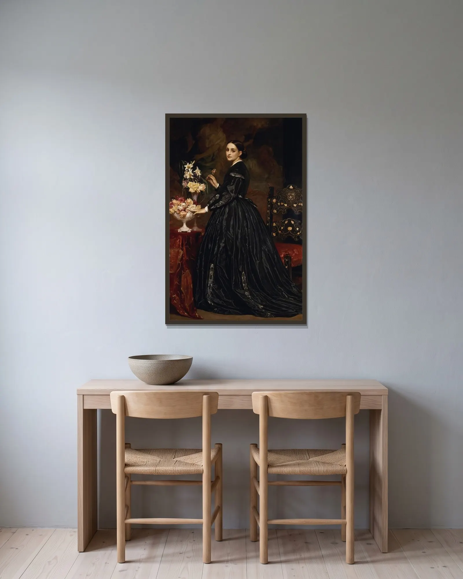 Mrs. James Guthrie (1864 to 1865) av Frederic Leighton inramad på en vägg