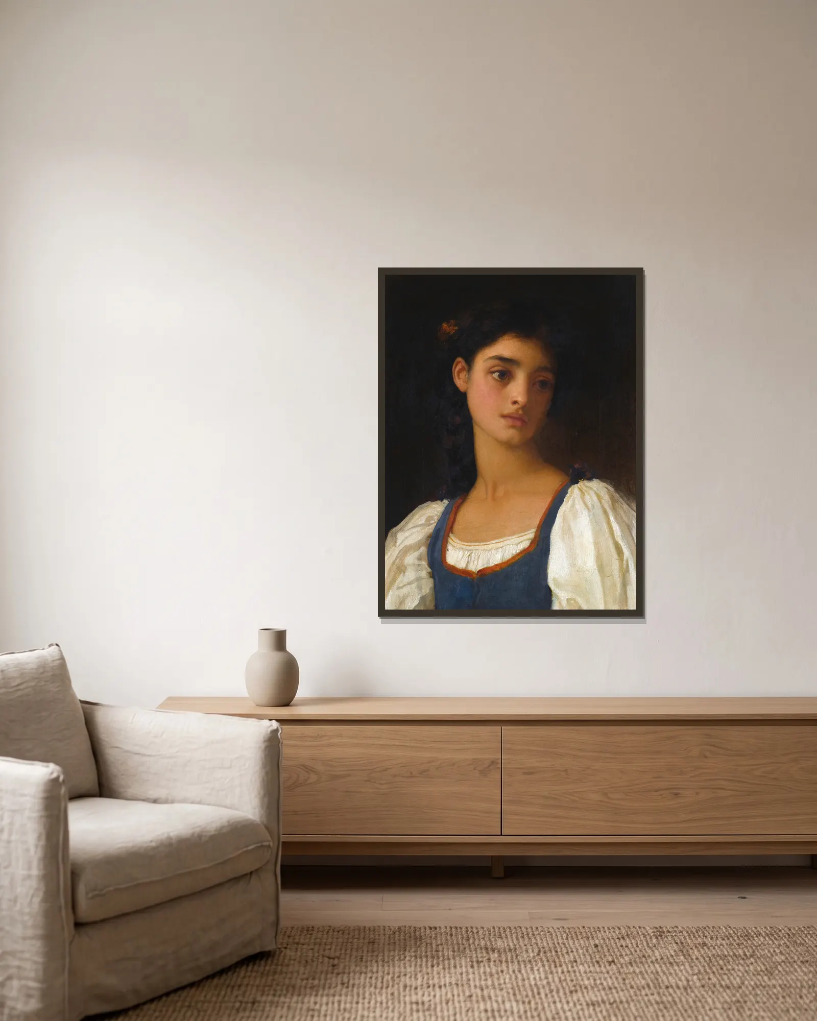 Nicandra av Frederic Leighton inramad på en vägg