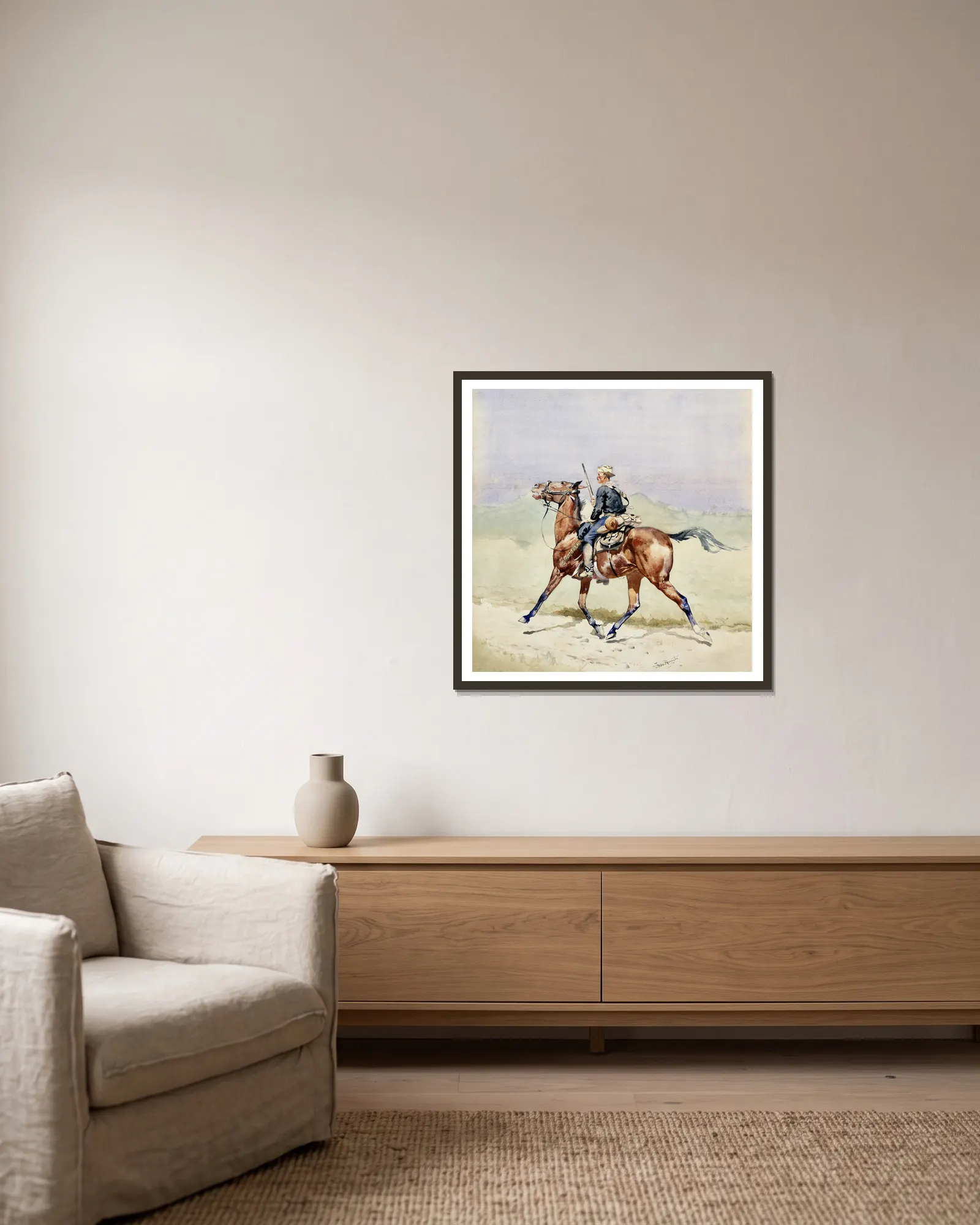 The Advance Guard av Frederic Remington inramad på en vägg