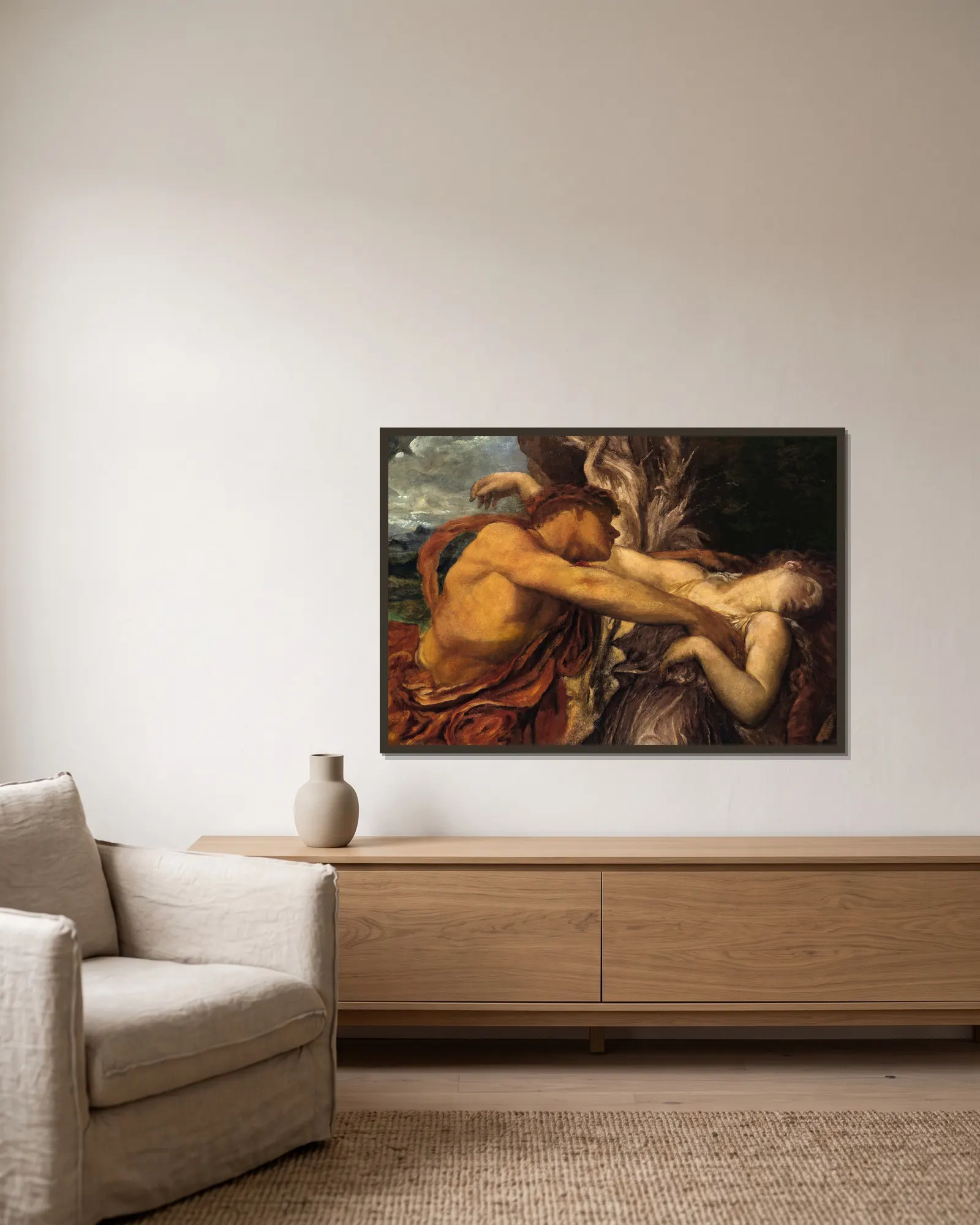 Orpheus and Eurydice av George Frederic Watts inramad på en vägg