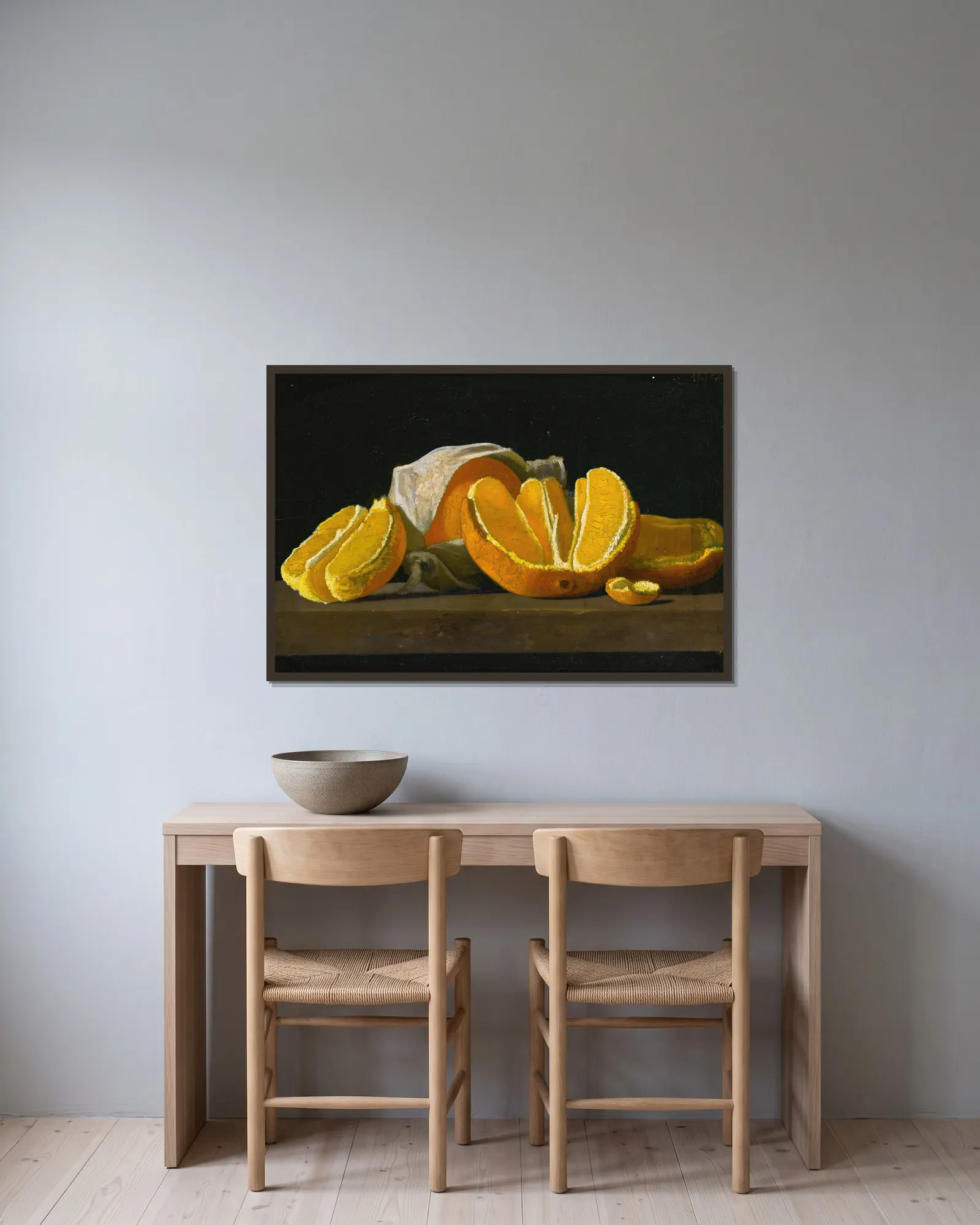 Still Life–Oranges av John Frederick Peto inramad på en vägg