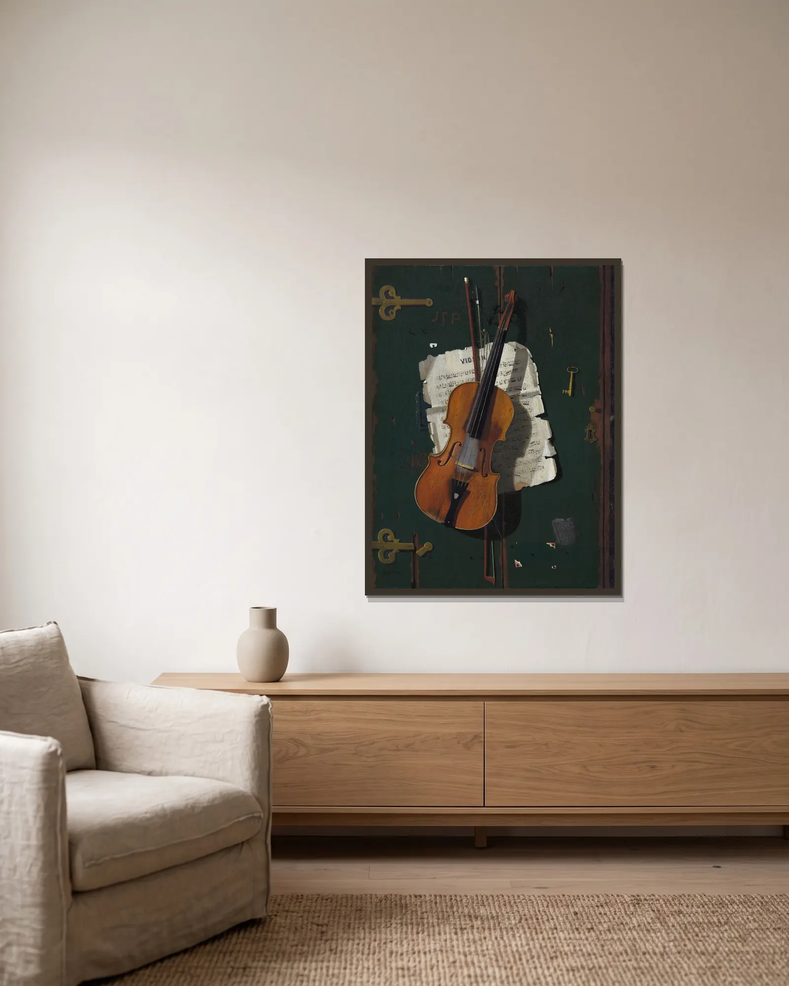 The Old Violin av John Frederick Peto inramad på en vägg
