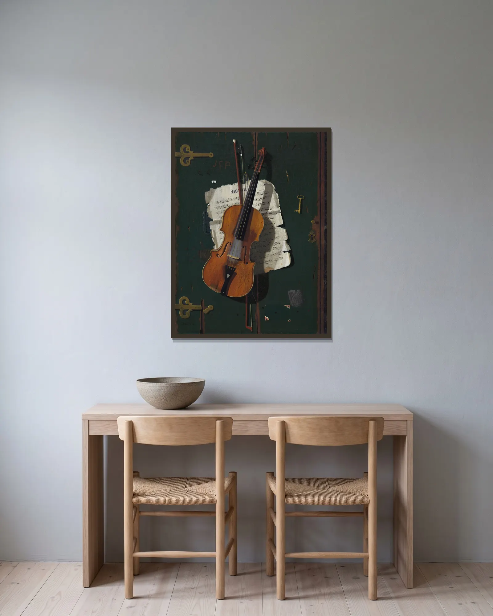 The Old Violin av John Frederick Peto inramad på en vägg
