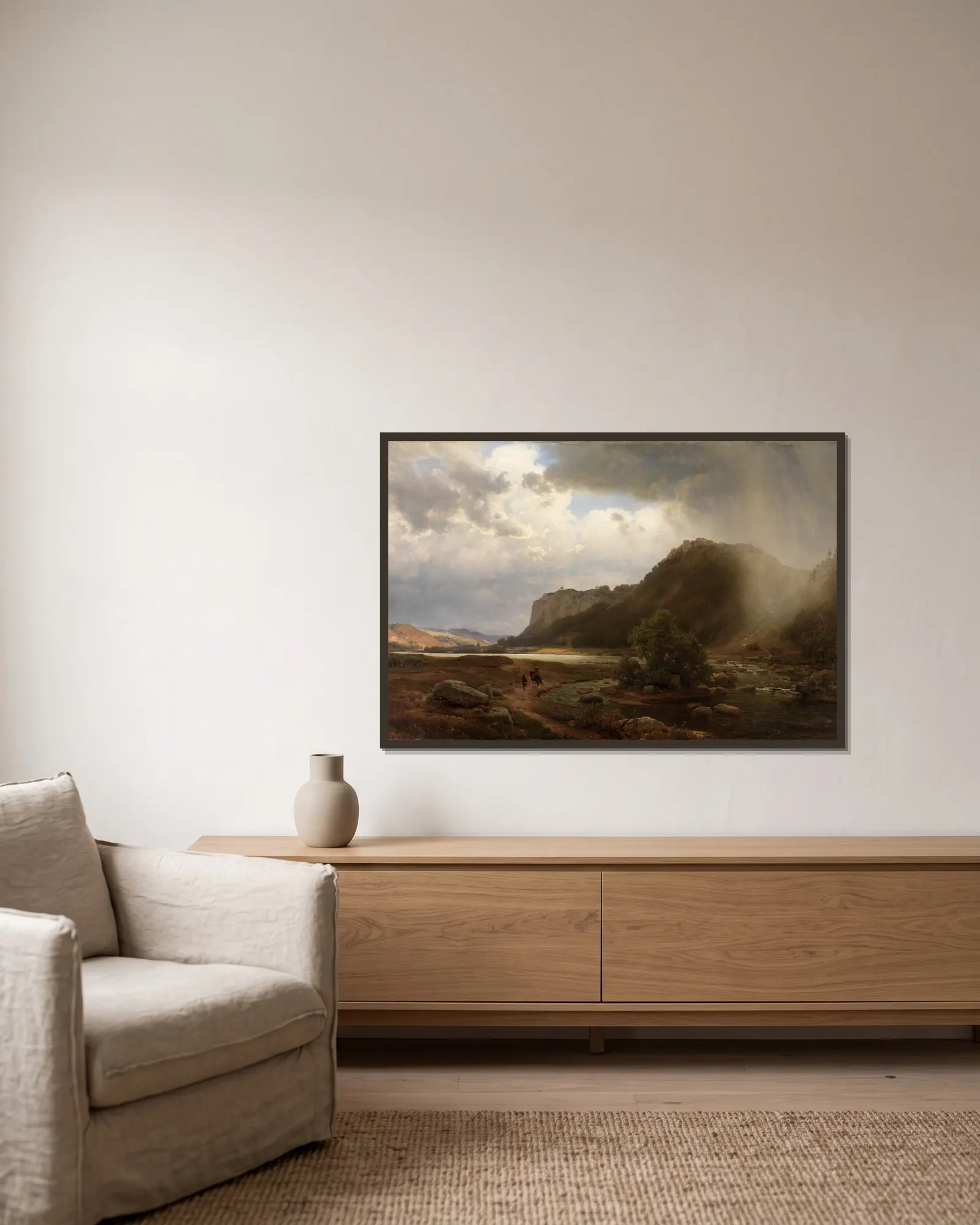Flußlandschaft av Karl Friedrich Lessing inramad på en vägg