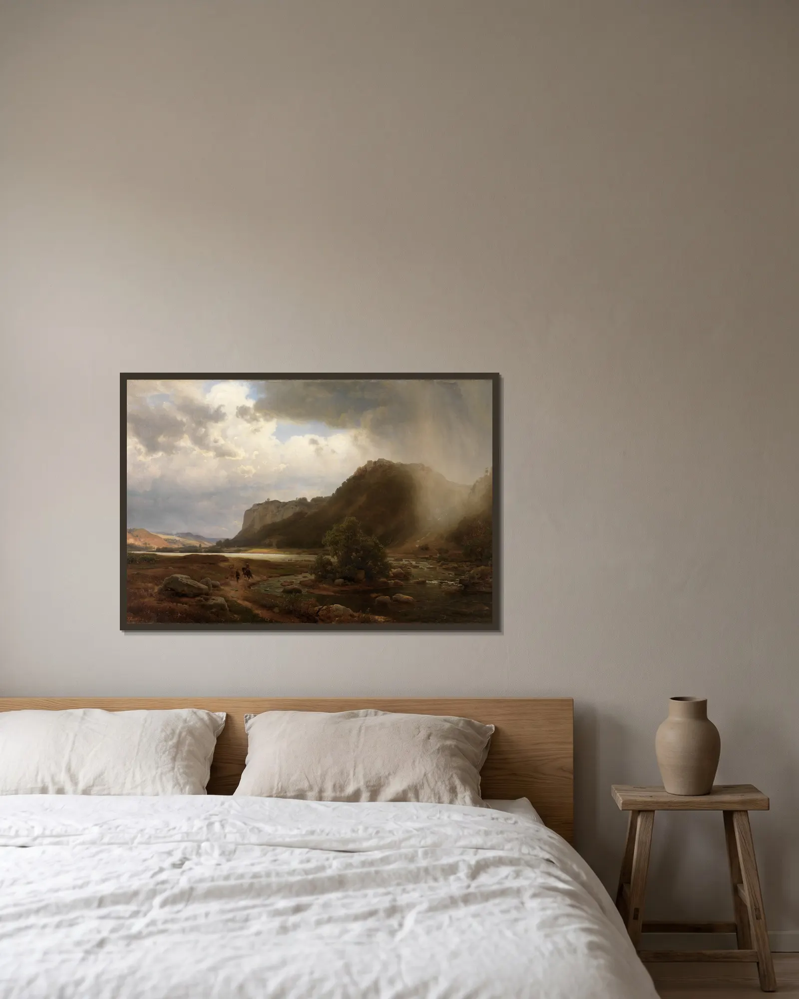 Flußlandschaft av Karl Friedrich Lessing inramad på en vägg