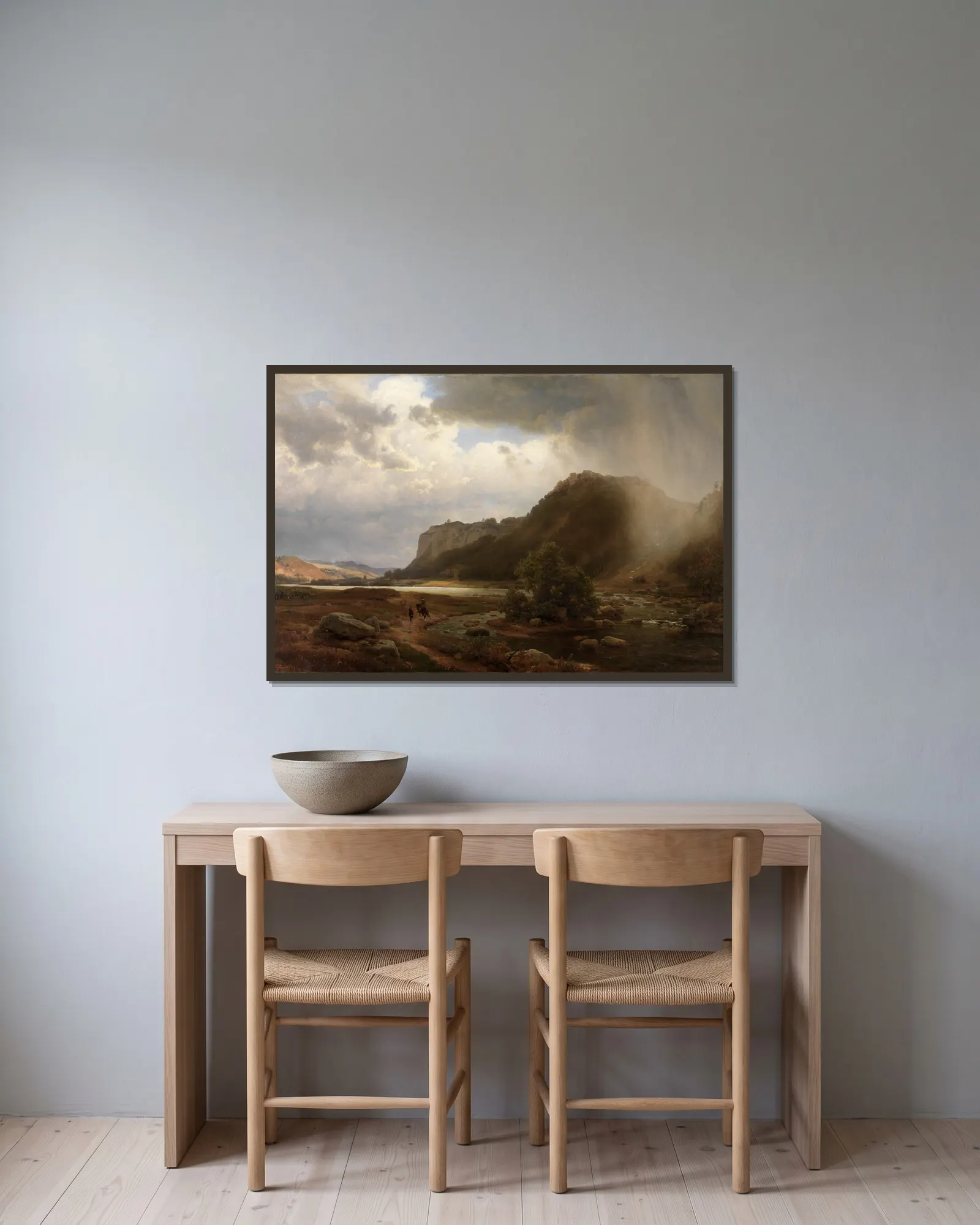 Flußlandschaft av Karl Friedrich Lessing inramad på en vägg