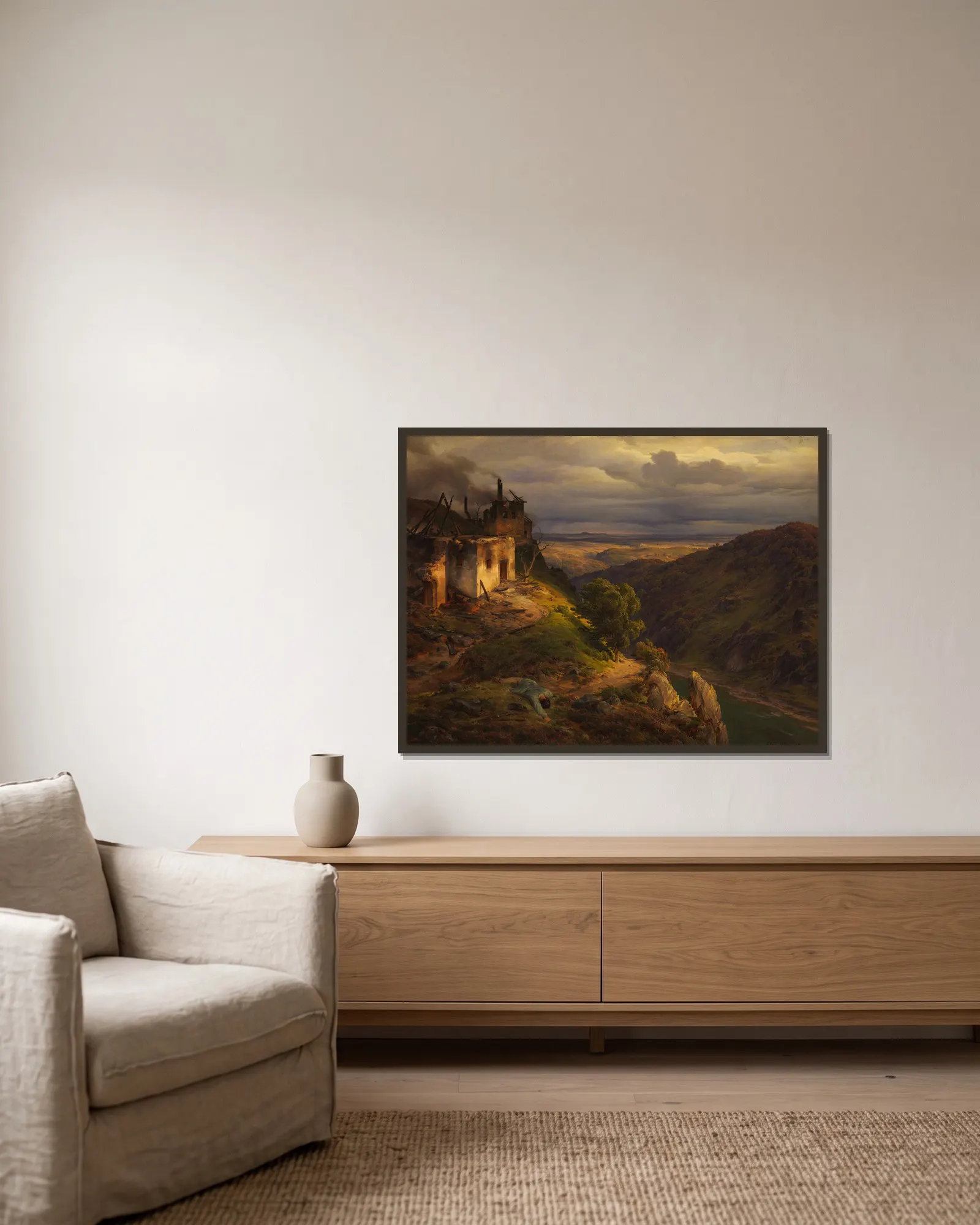 Landscape av Karl Friedrich Lessing inramad på en vägg